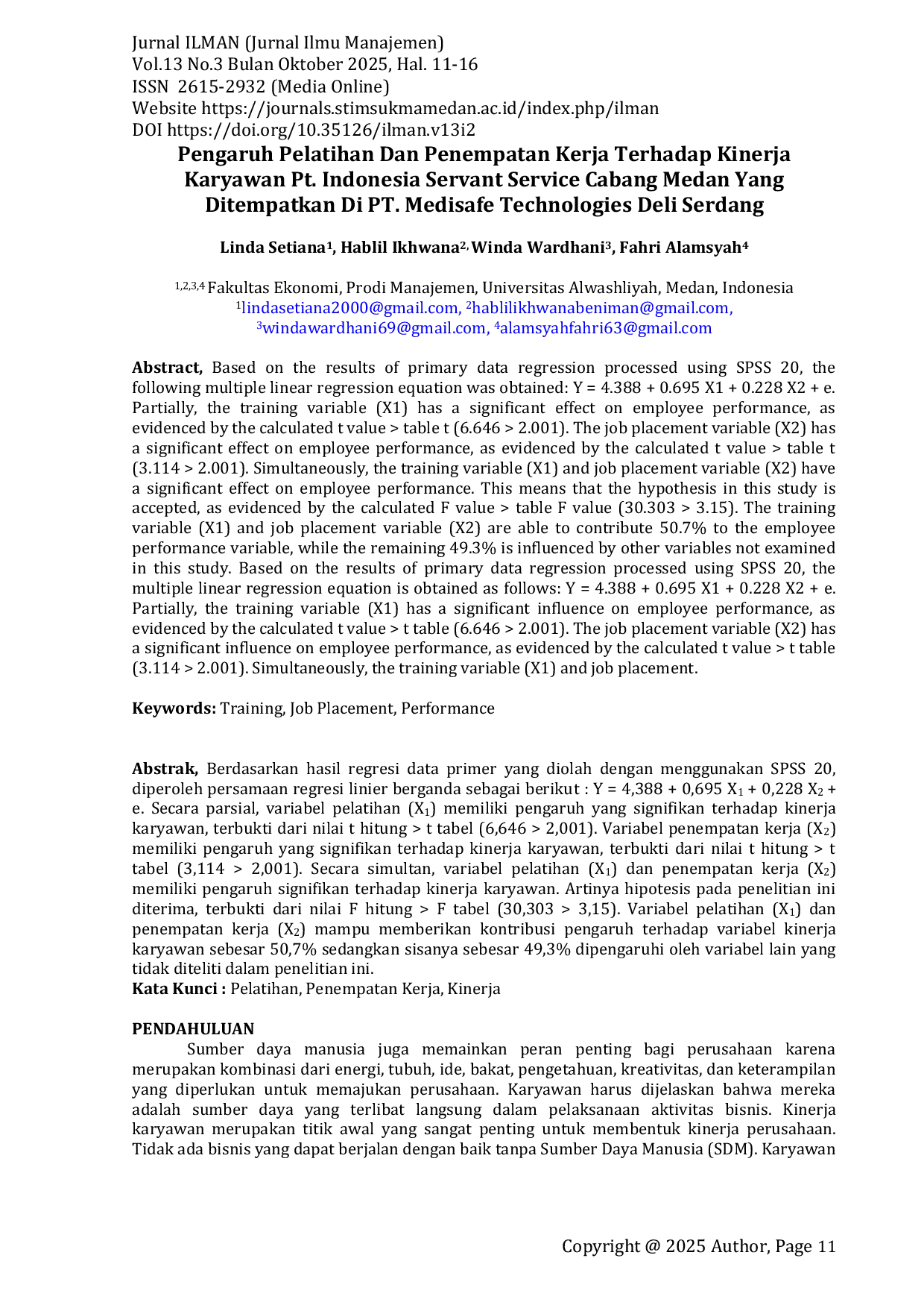 JURIS Pengaruh Pelatihan Dan Penempatan Kerja Terhadap Kinerja Karyawan Pt Indonesia Servant Service Cabang Medan Yang Ditempatkan Di PT Medisafe Technologies Deli Serdang
