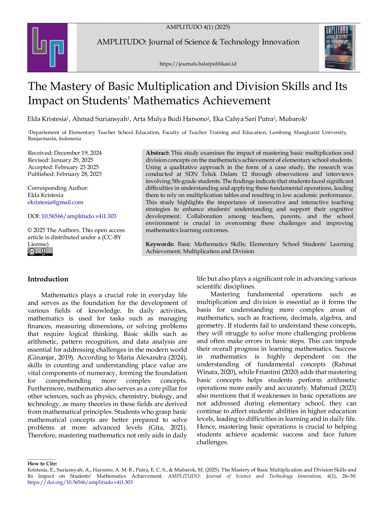 JURIS The Mastery of Basic Multiplication and Division Skills and Its Impact on Students Mathematics Achievement