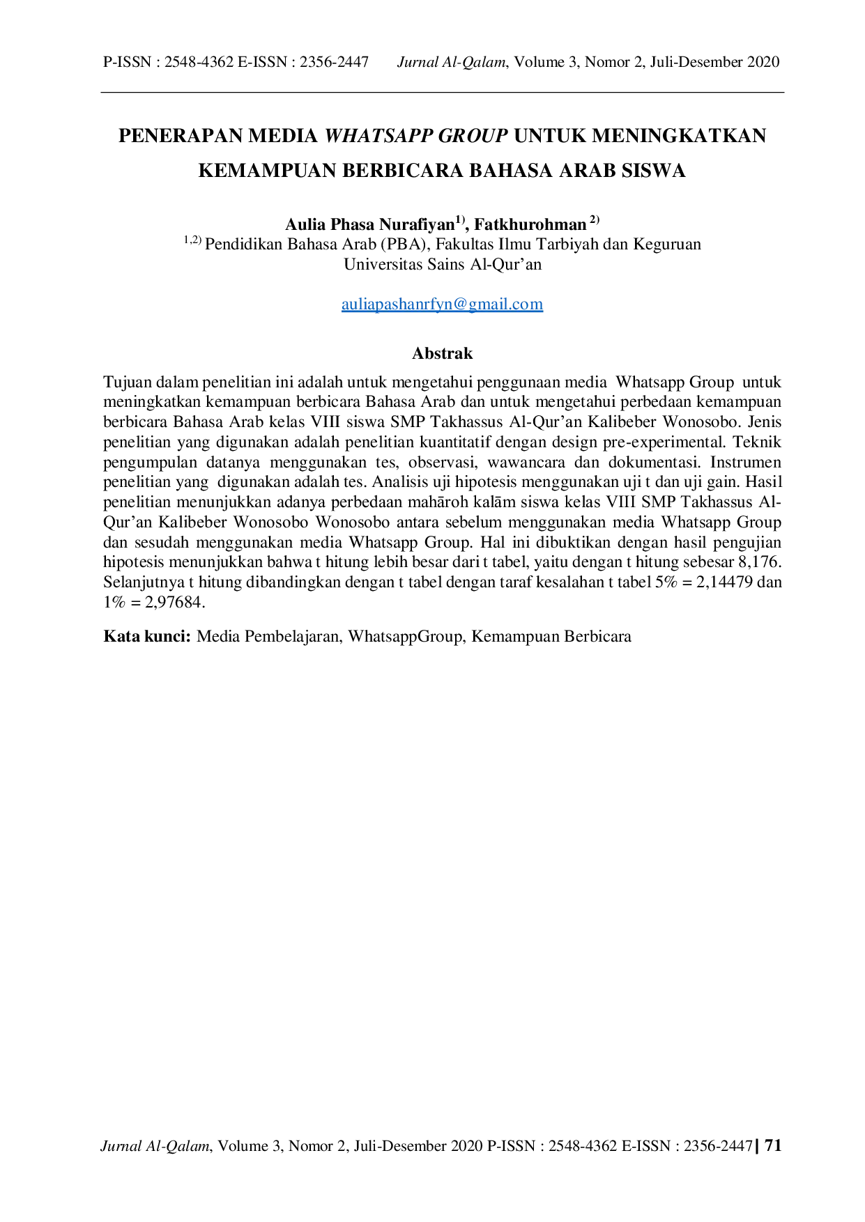 JURIS Penerapan Media Whatsapp Group Untuk Meningkatkan Kemampuan Berbicara Bahasa Arab Siswa