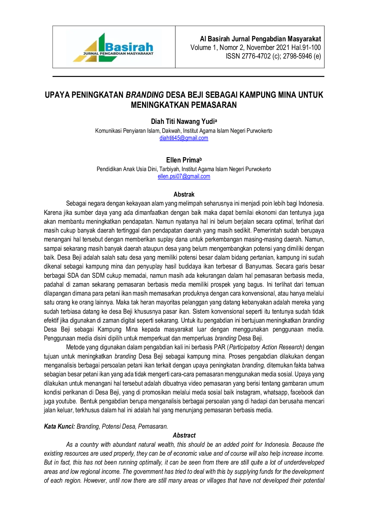 JURIS Upaya Peningkatan Branding Desa Beji Sebagai Kampung Mina Untuk Meningkatkan Pemasaran