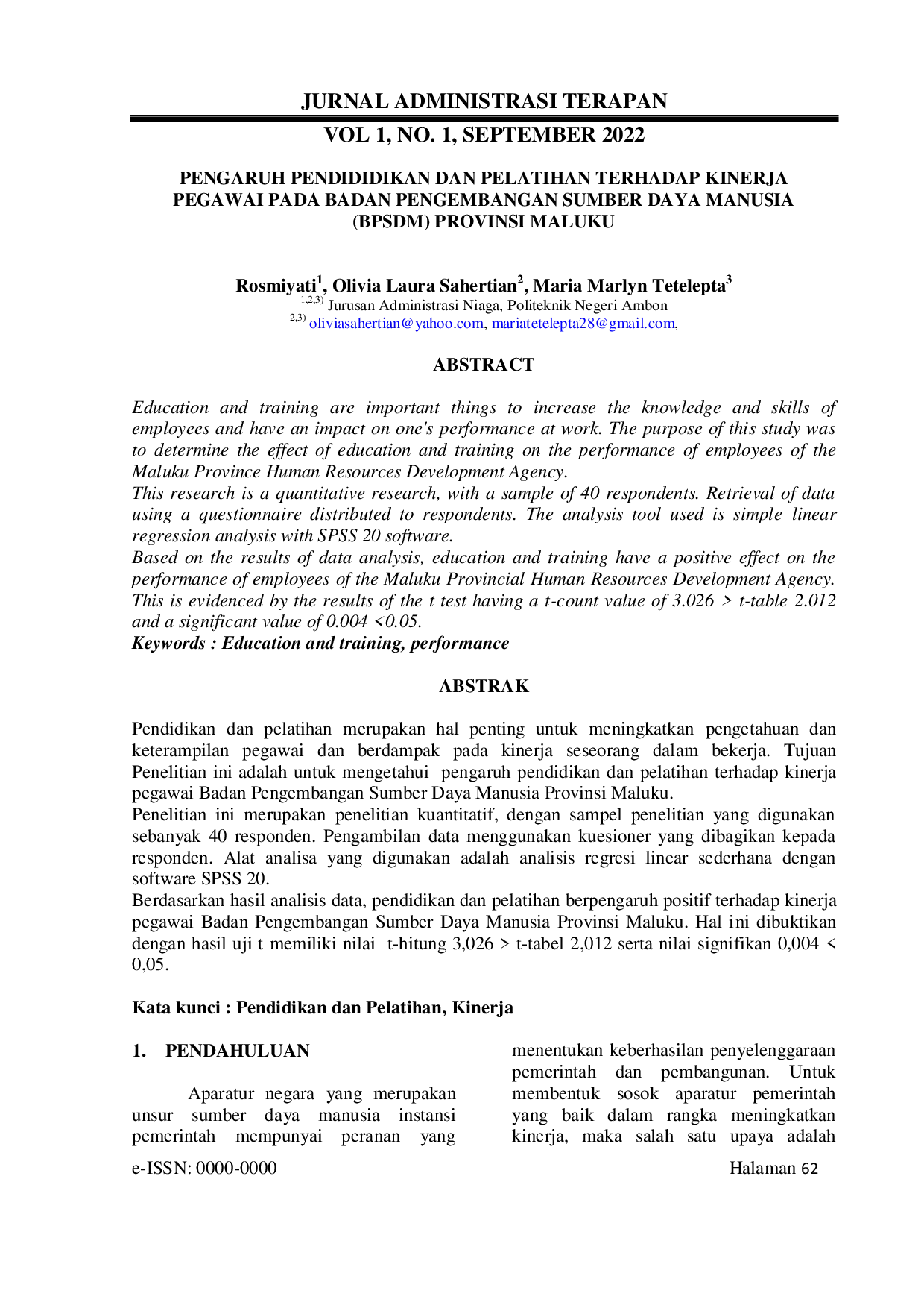JURIS Pengaruh Pendidikan Dan Pelatihan Terhadap Kinerja Pegawai Pada Badan Pengembangan Sumber Daya Manusia Bpsdm Provinsi Maluku