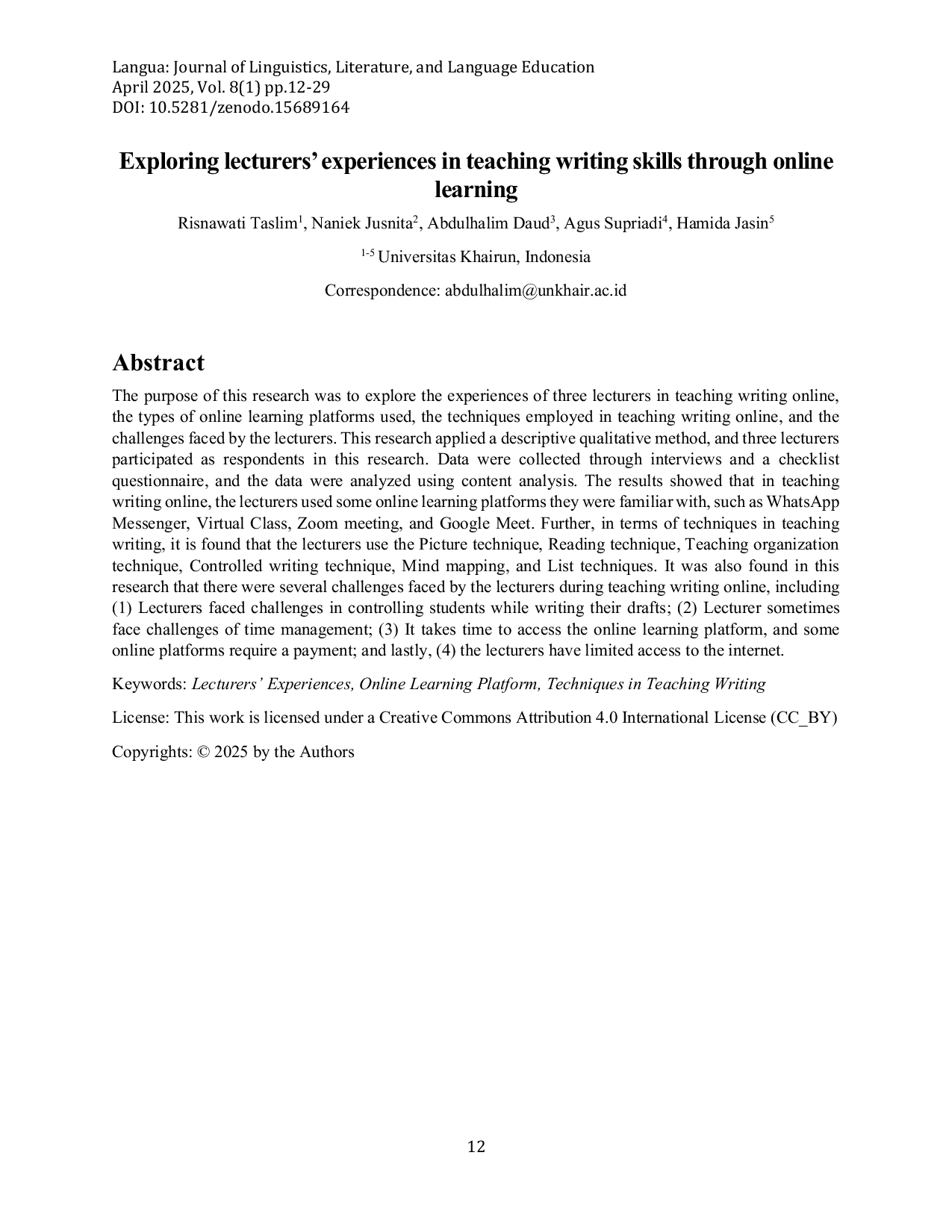 JURIS Exploring lecturers experiences in teaching writing skills through online learning