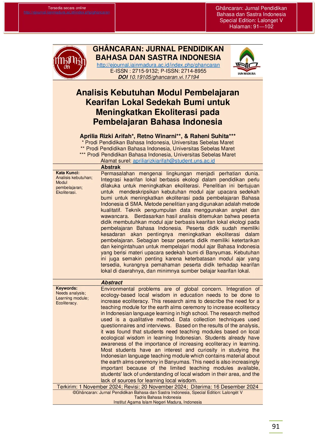 JURIS Analisis Kebutuhan Modul Pembelajaran Kearifan Lokal Sedekah Bumi untuk Meningkatkan Ekoliterasi pada Pembelajaran Bahasa Indonesia