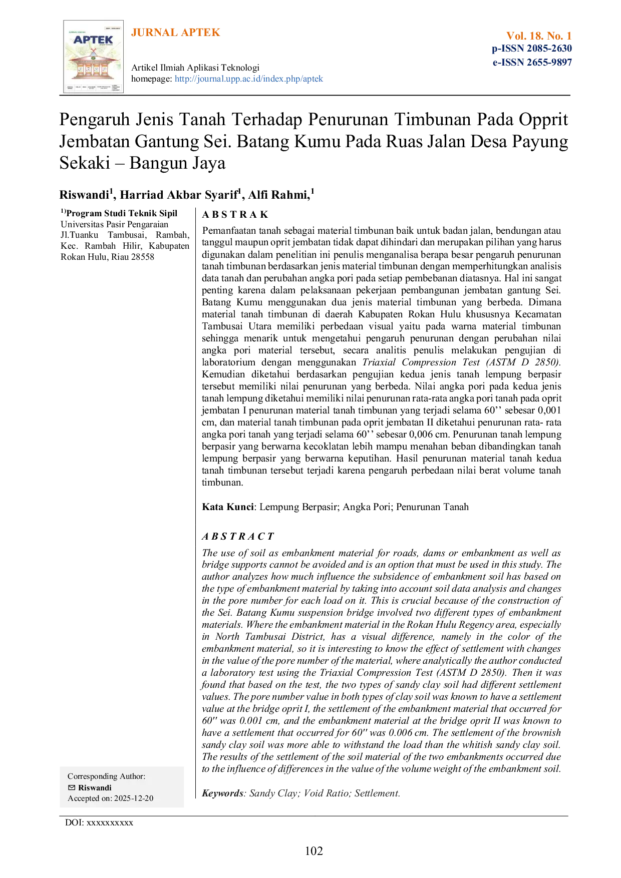 JURIS Pengaruh Jenis Tanah Terhadap Penurunan Timbunan Pada Opprit Jembatan Gantung Sei Batang Kumu Pada Ruas Jalan Desa Payung Sekaki Bangun Jaya