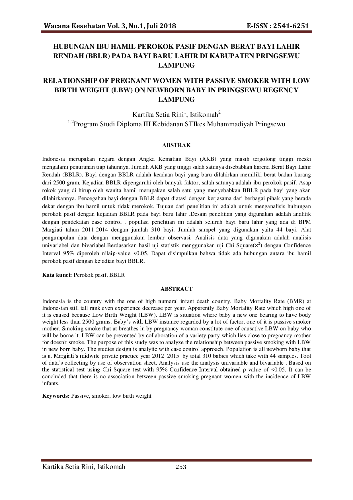 juris Hubungan Ibu Hamil Perokok Pasif dengan Berat Bayi Lahir Rendah BBLR pada Bayi Baru Lahir di Kabupaten Pringsewu Lampung