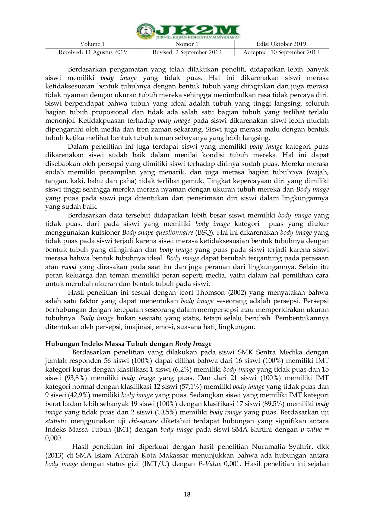 JURIS HUBUNGAN INDEKS MASSA TUBUH DENGAN BODY IMAGE PADA SISWI SMK SENTRA MEDIKA TAHUN 2018