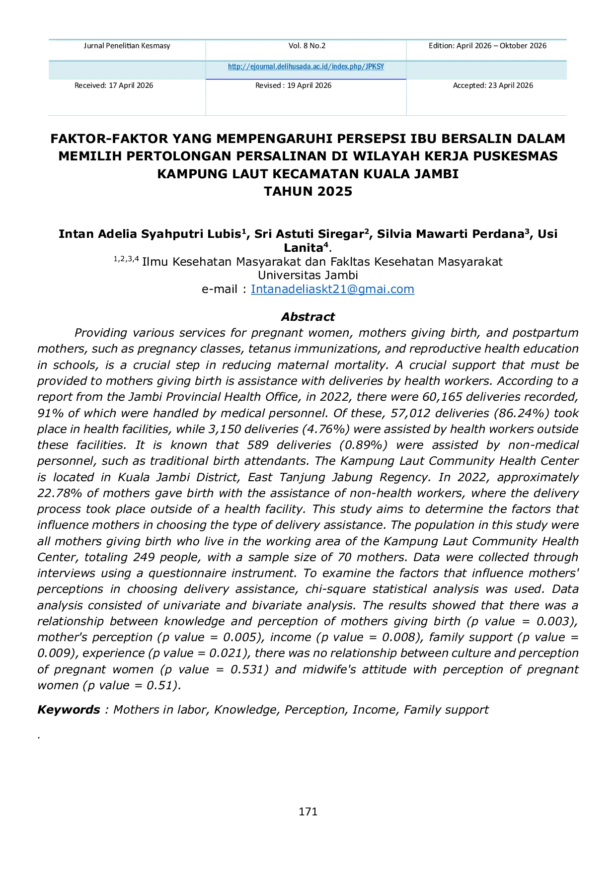 JURIS Factors Influencing the Perception of Pregnant Women in Choosing Delivery Assistance in the Working Area of Kampung Laut Community Health Center Kuala Jambi District 2025