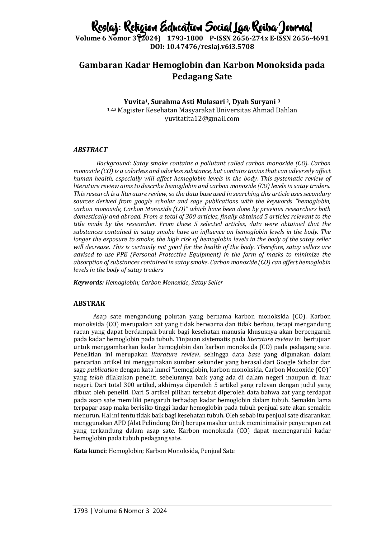 JURIS Gambaran Kadar Hemoglobin dan Karbon Monoksida pada Pedagang Sate