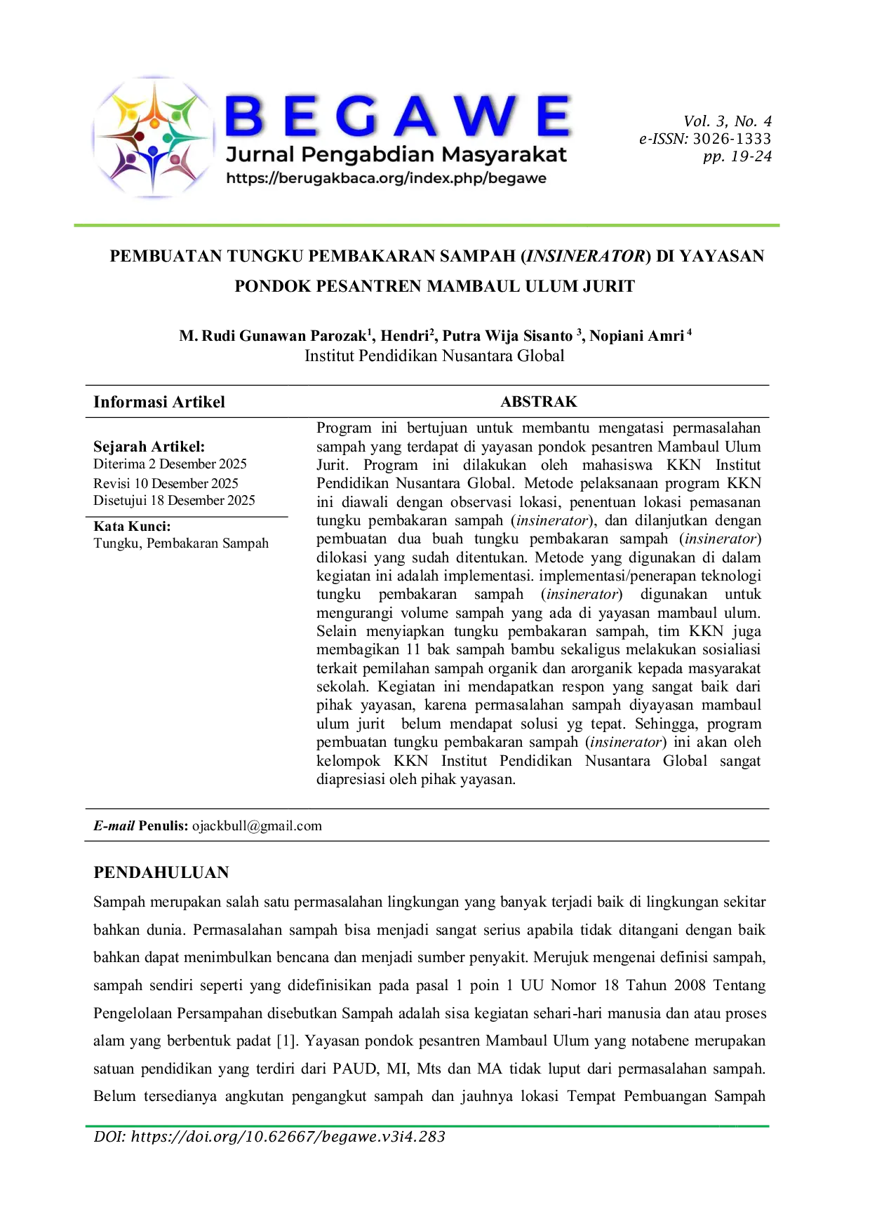 JURIS Pembuatan Tungku Pembakaran Sampah Insinerator di Yayasan Pondok Pesantren Mambaul Ulum Jurit