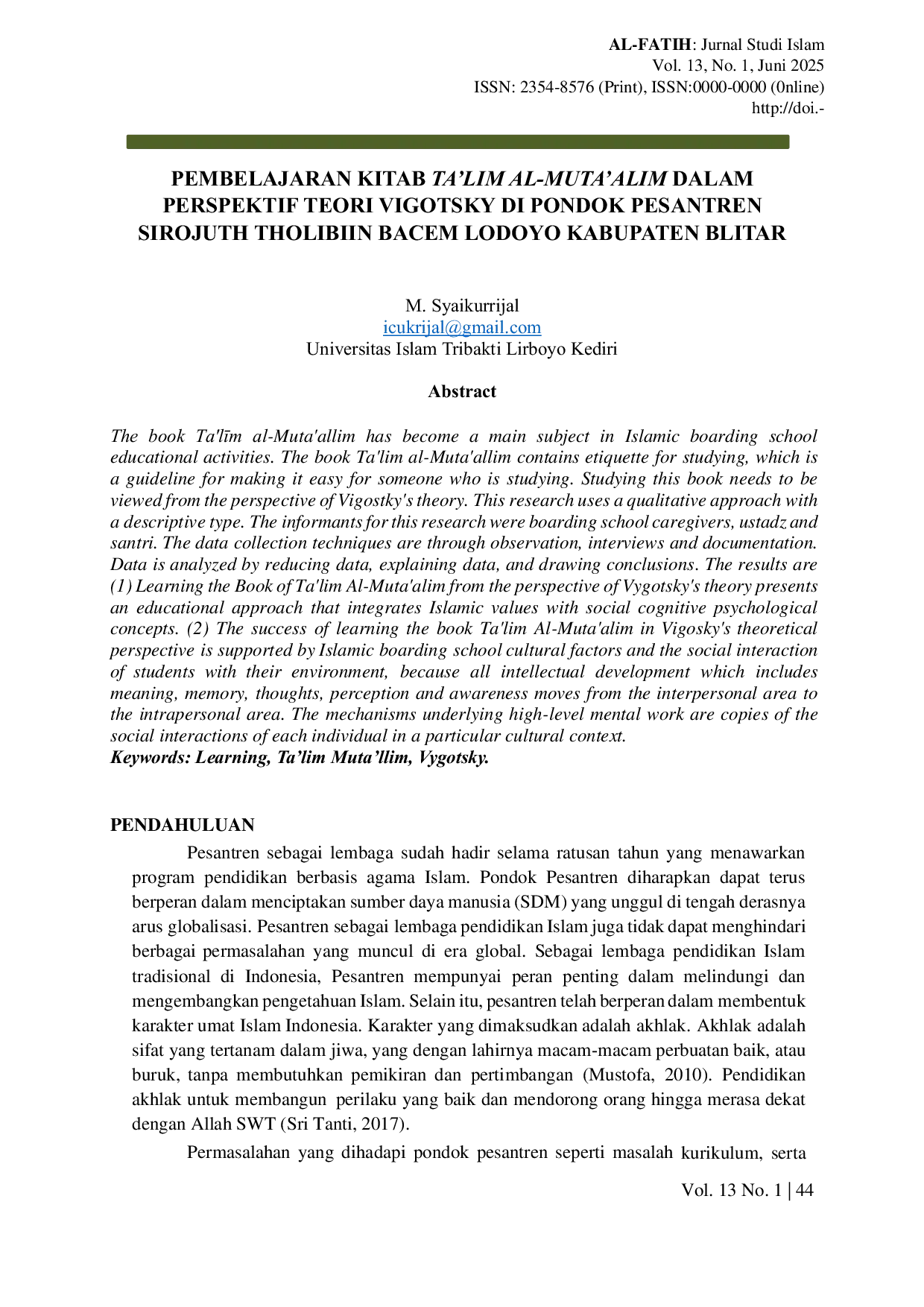 JURIS Pembelajaran Kitab Ta lim Al Muta allim Dalam Perspektif Teori Vygotsky Di Pondok Pesantren Sirojuth Tholibin Bacem Lodoyo Kabupaten Blitar