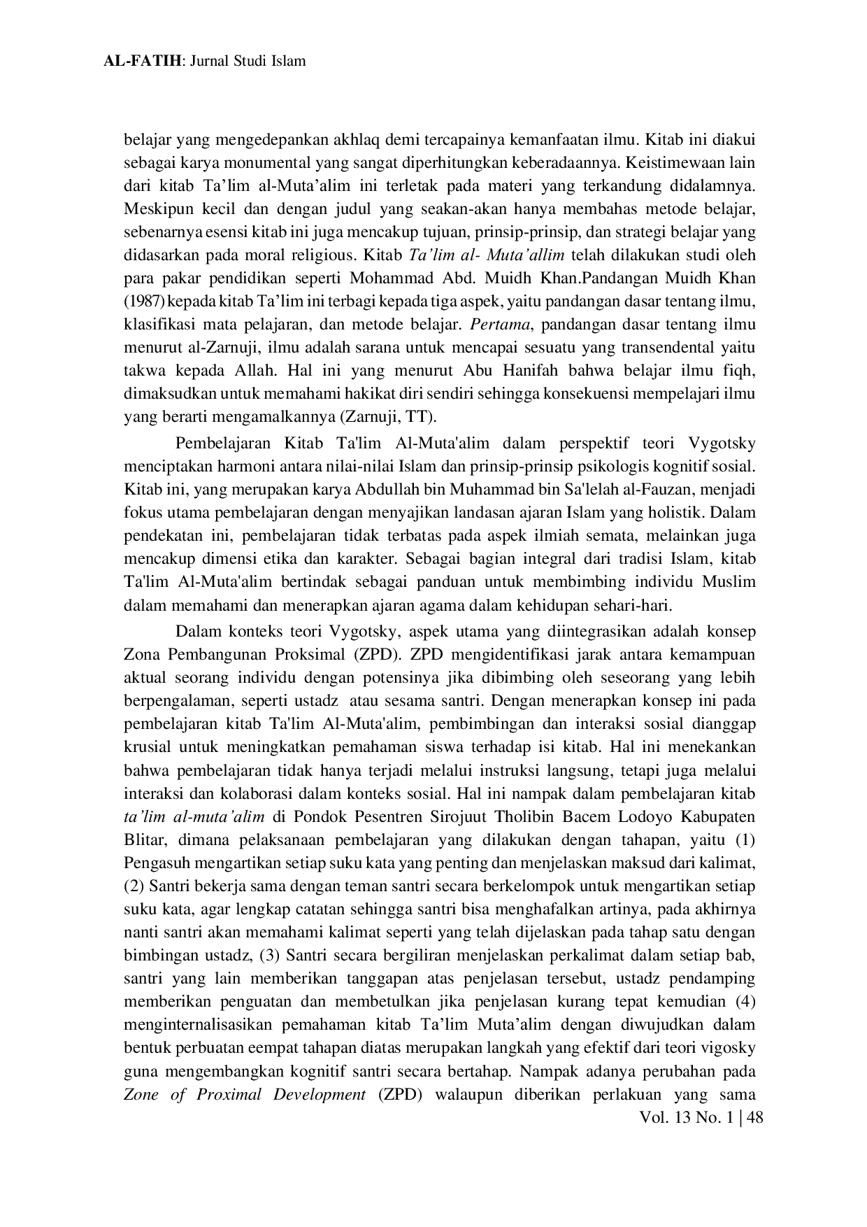 JURIS Pembelajaran Kitab Ta lim Al Muta allim Dalam Perspektif Teori Vygotsky Di Pondok Pesantren Sirojuth Tholibin Bacem Lodoyo Kabupaten Blitar