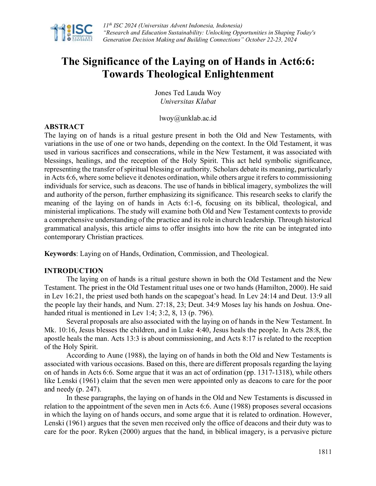 JURIS The Significance of the Laying on of Hands in Act6 6 Towards Theological Enlightenment