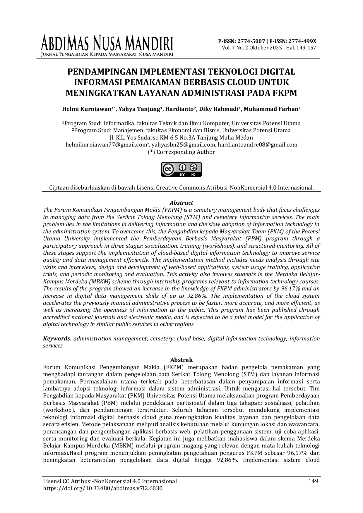 JURIS Pendampingan Implementasi Teknologi Digital Informasi Pemakaman Berbasis Cloud untuk Meningkatkan Layanan Administrasi pada FKPM