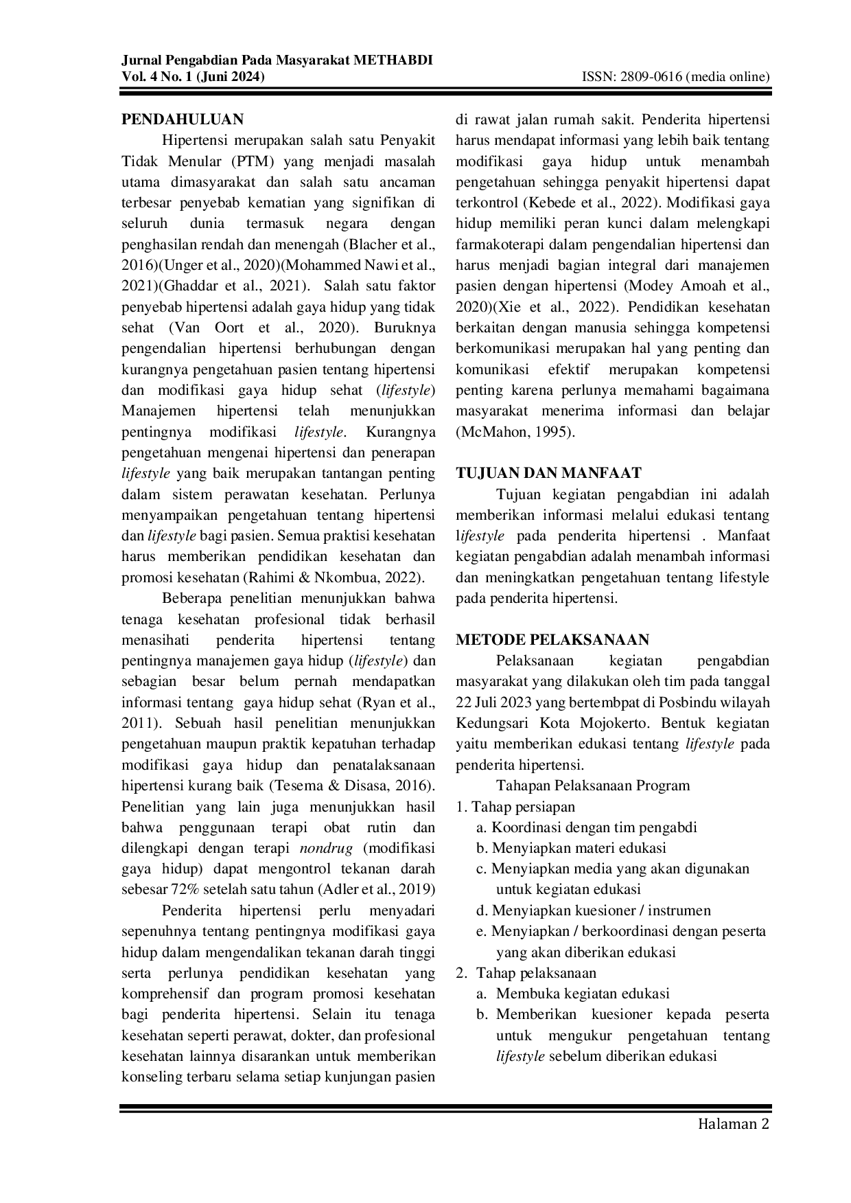 JURIS Penerapan Komunikasi Terapeutik Melalui Pendidikan Kesehatan tentang Lifestyle pada Penderita Hipertensi