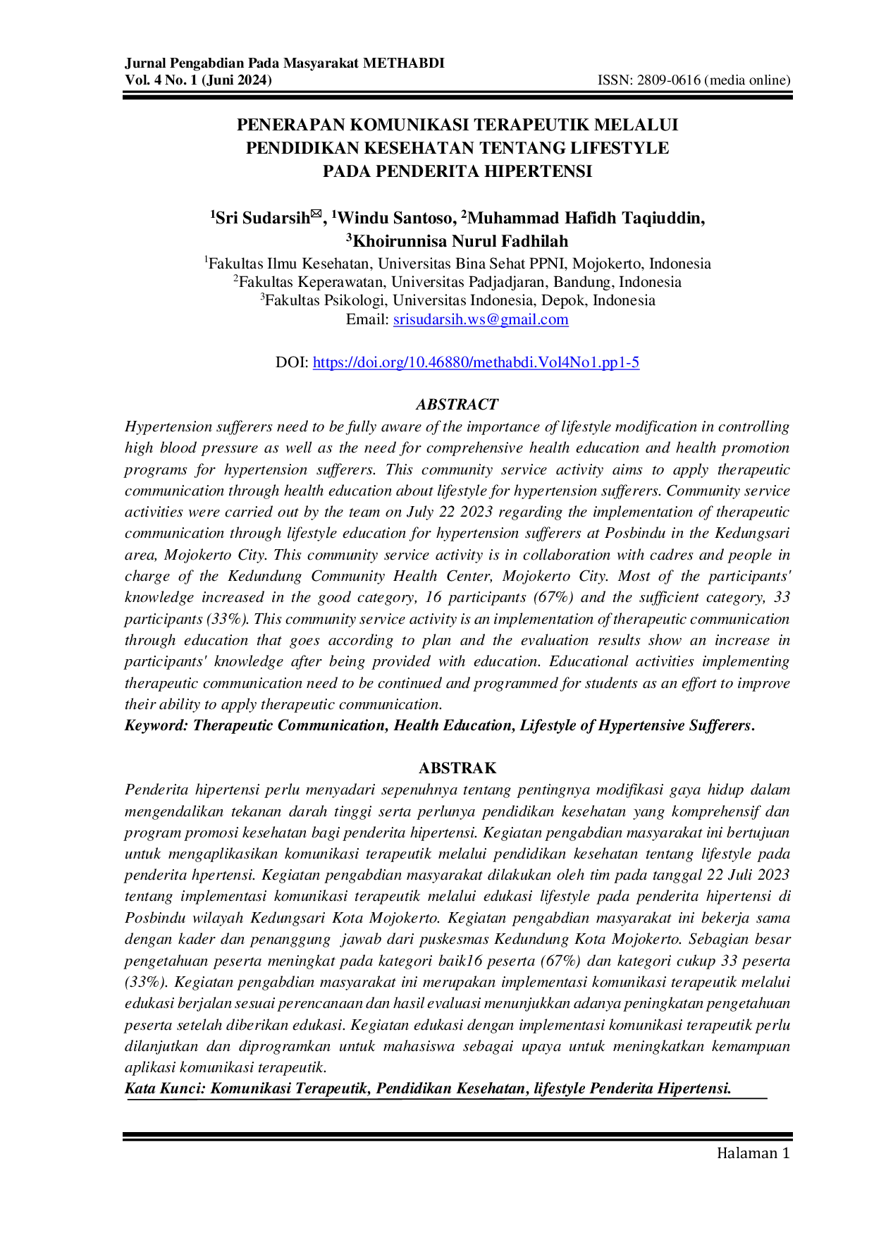 JURIS Penerapan Komunikasi Terapeutik Melalui Pendidikan Kesehatan tentang Lifestyle pada Penderita Hipertensi