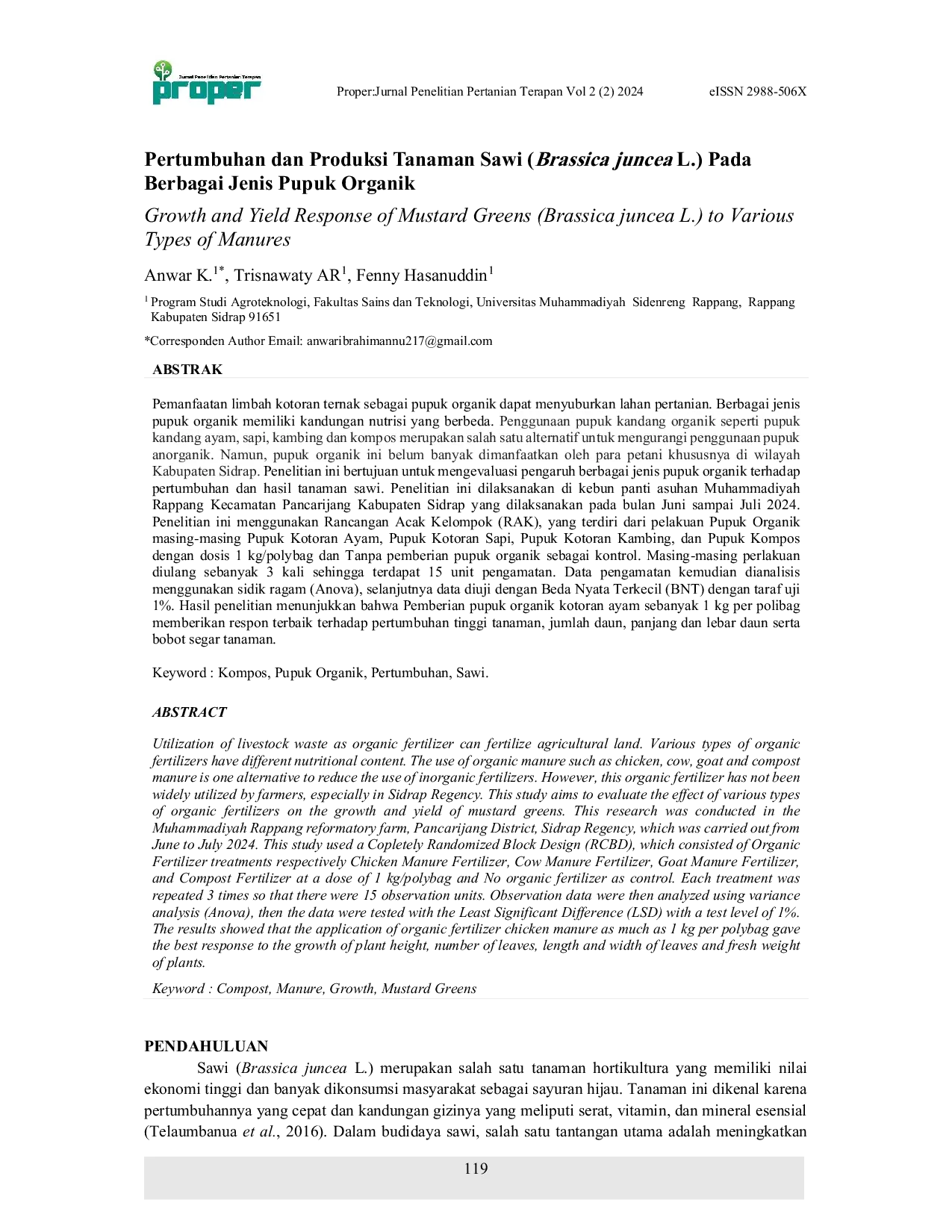 JURIS Growth and Yield Response of Mustard Greens Brassica juncea L to Various Types of Manures