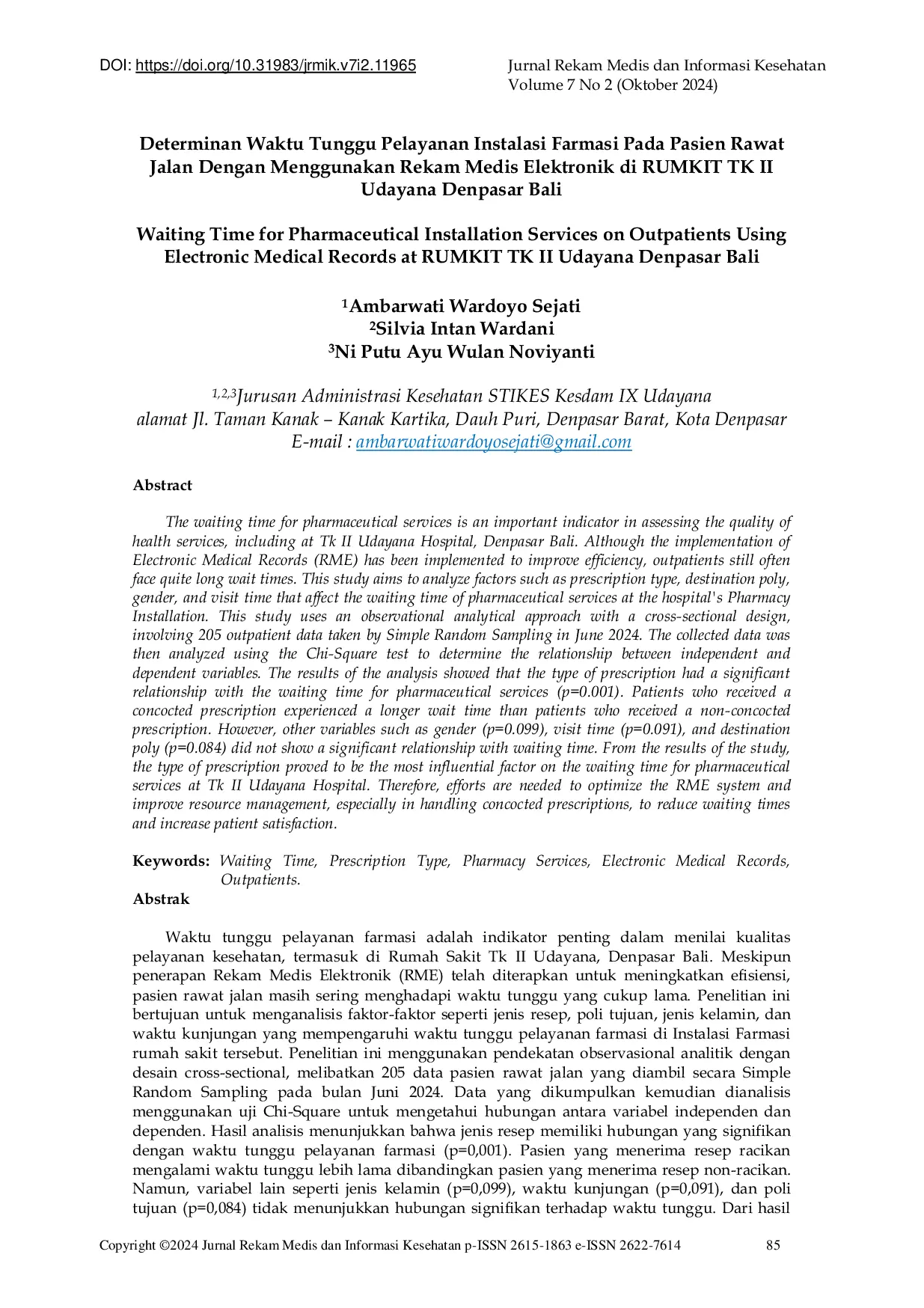 JURIS Waiting Time for Pharmaceutical Installation Services on Outpatients Using Electronic Medical Records at RUMKIT TK II Udayana Denpasar Bali