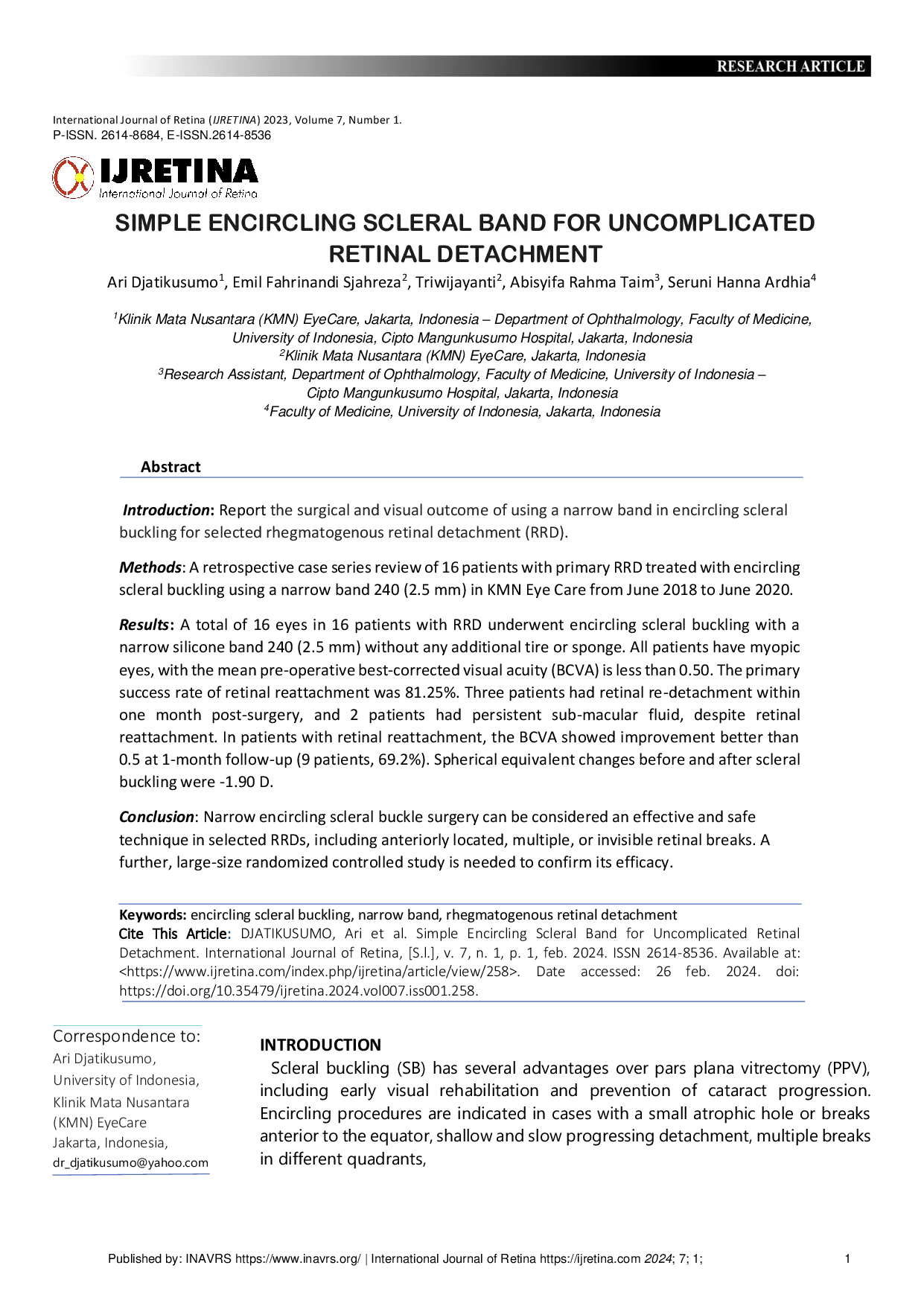 JURIS Simple Encircling Scleral Band for Uncomplicated Retinal Detachment