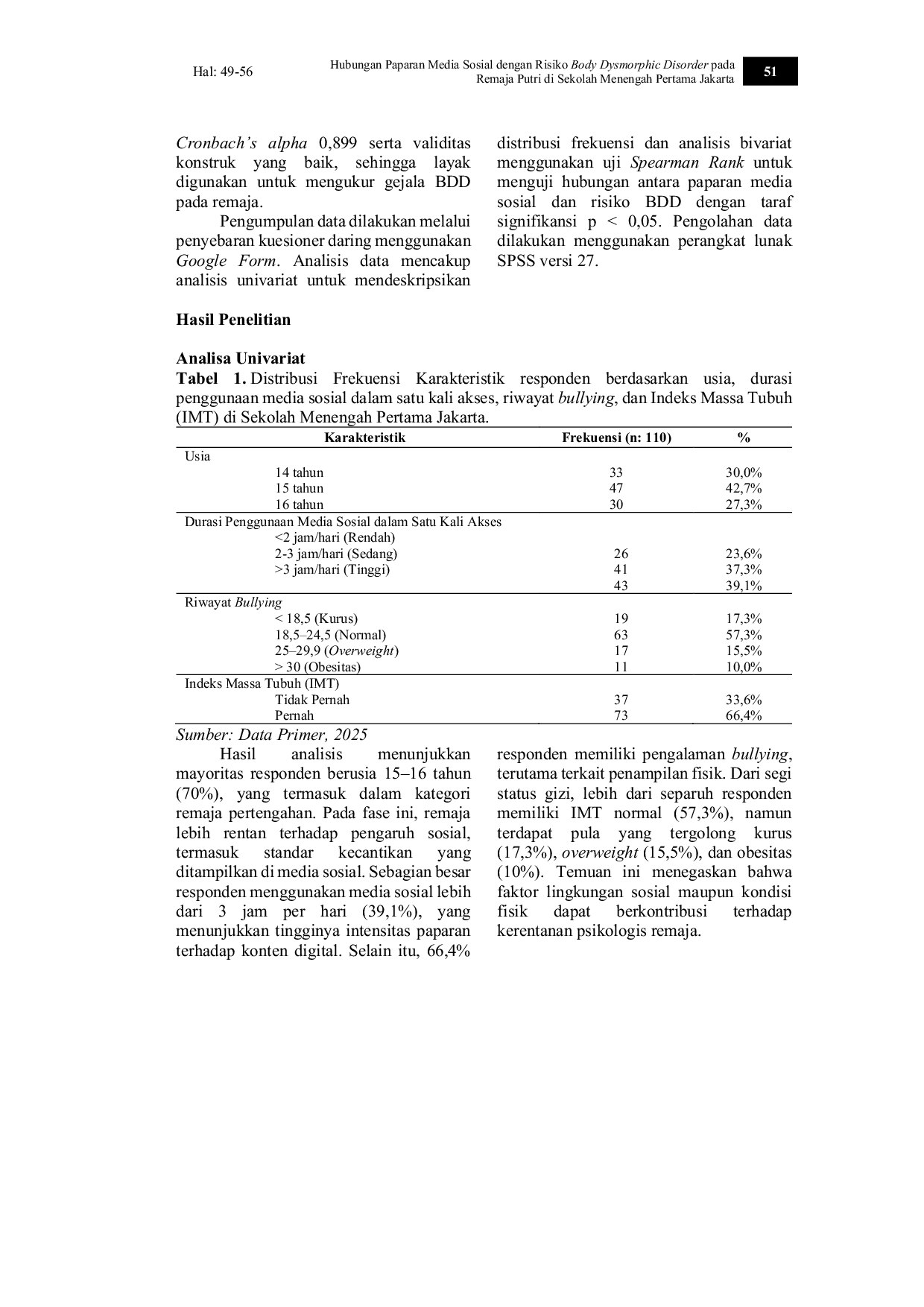 JURIS Hubungan Paparan Media Sosial Dengan Risiko Body Dysmorphic Disorder Pada Remaja Putri Di Sekolah Menengah Pertama Jakarta