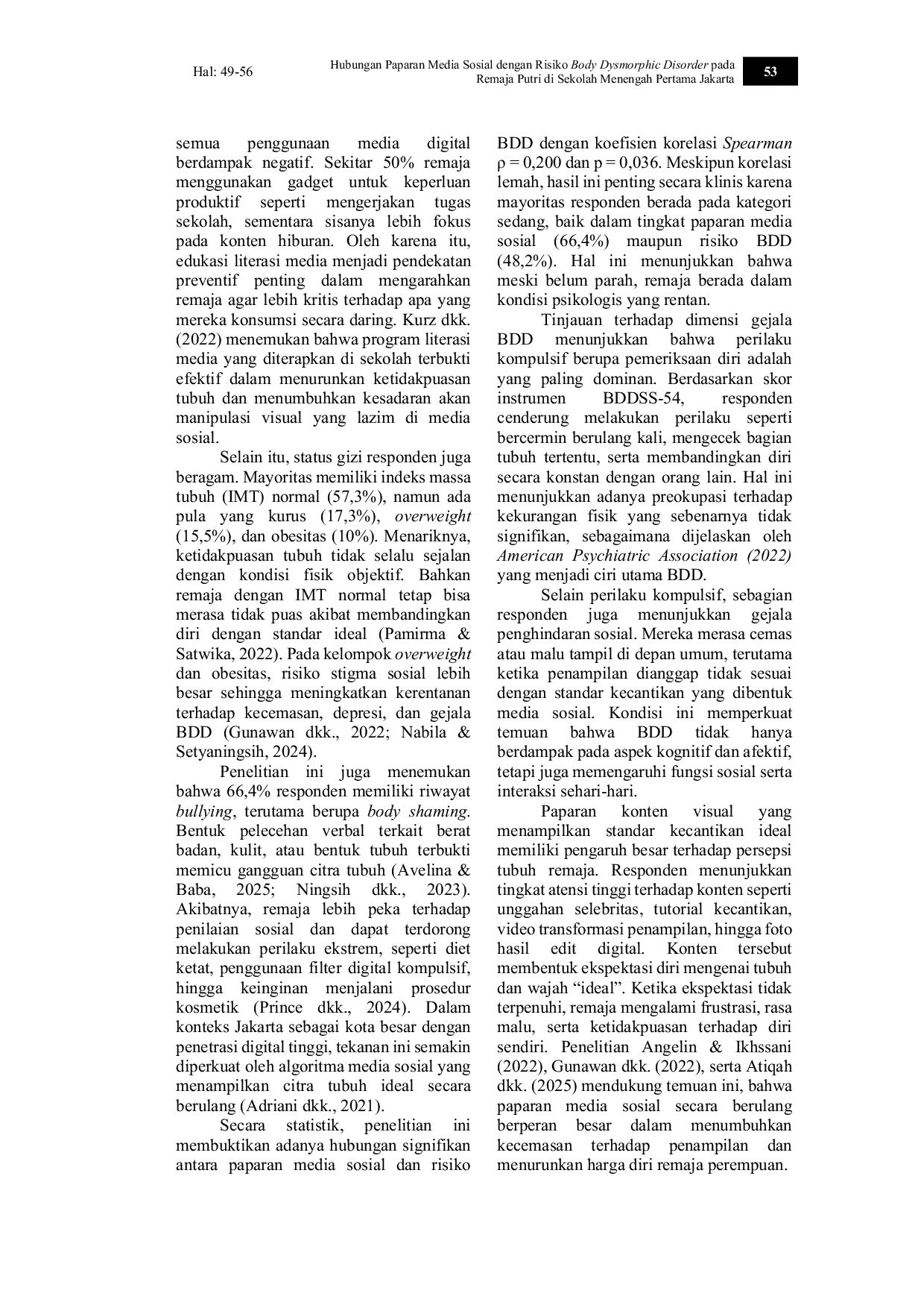 JURIS Hubungan Paparan Media Sosial Dengan Risiko Body Dysmorphic Disorder Pada Remaja Putri Di Sekolah Menengah Pertama Jakarta
