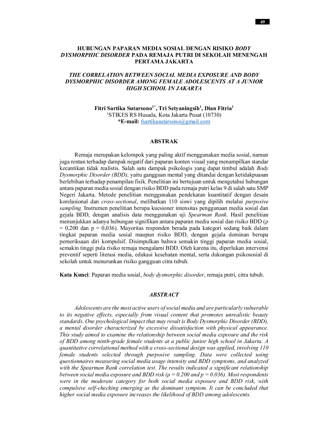 JURIS Hubungan Paparan Media Sosial Dengan Risiko Body Dysmorphic Disorder Pada Remaja Putri Di Sekolah Menengah Pertama Jakarta