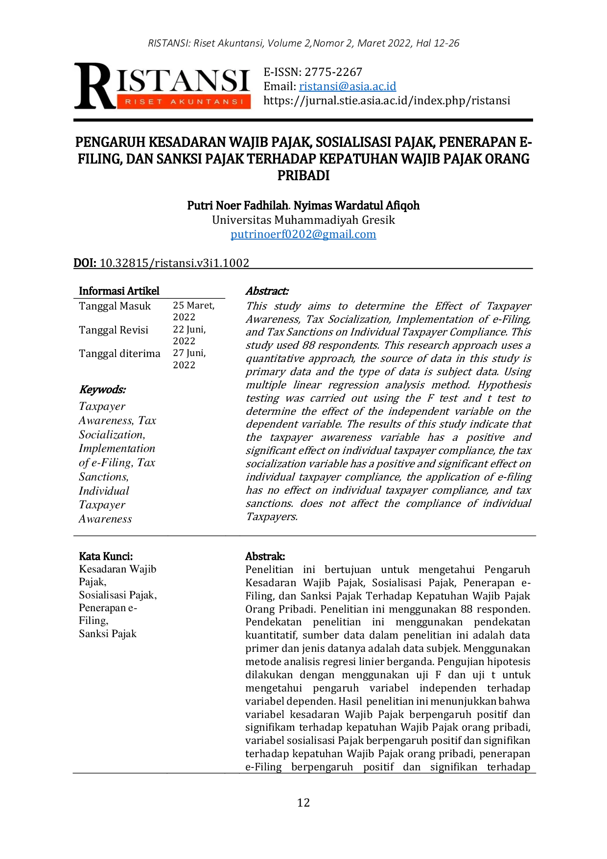 JURIS Pengaruh Kesadaran Wajib Pajak Sosialisasi Pajak Penerapan E Filing Dan Sanksi Pajak Terhadap Kepatuhan Wajib Pajak Orang Pribadi