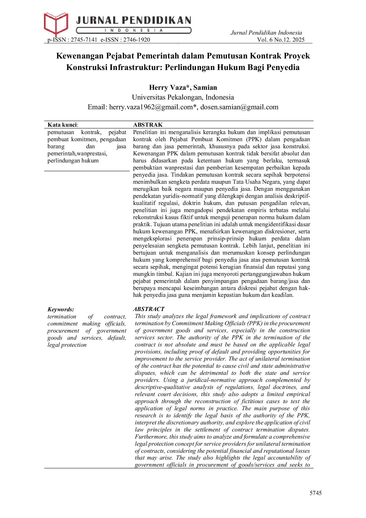 JURIS Kewenangan Pejabat Pemerintah dalam Pemutusan Kontrak Proyek Konstruksi Infrastruktur Perlindungan Hukum Bagi Penyedia