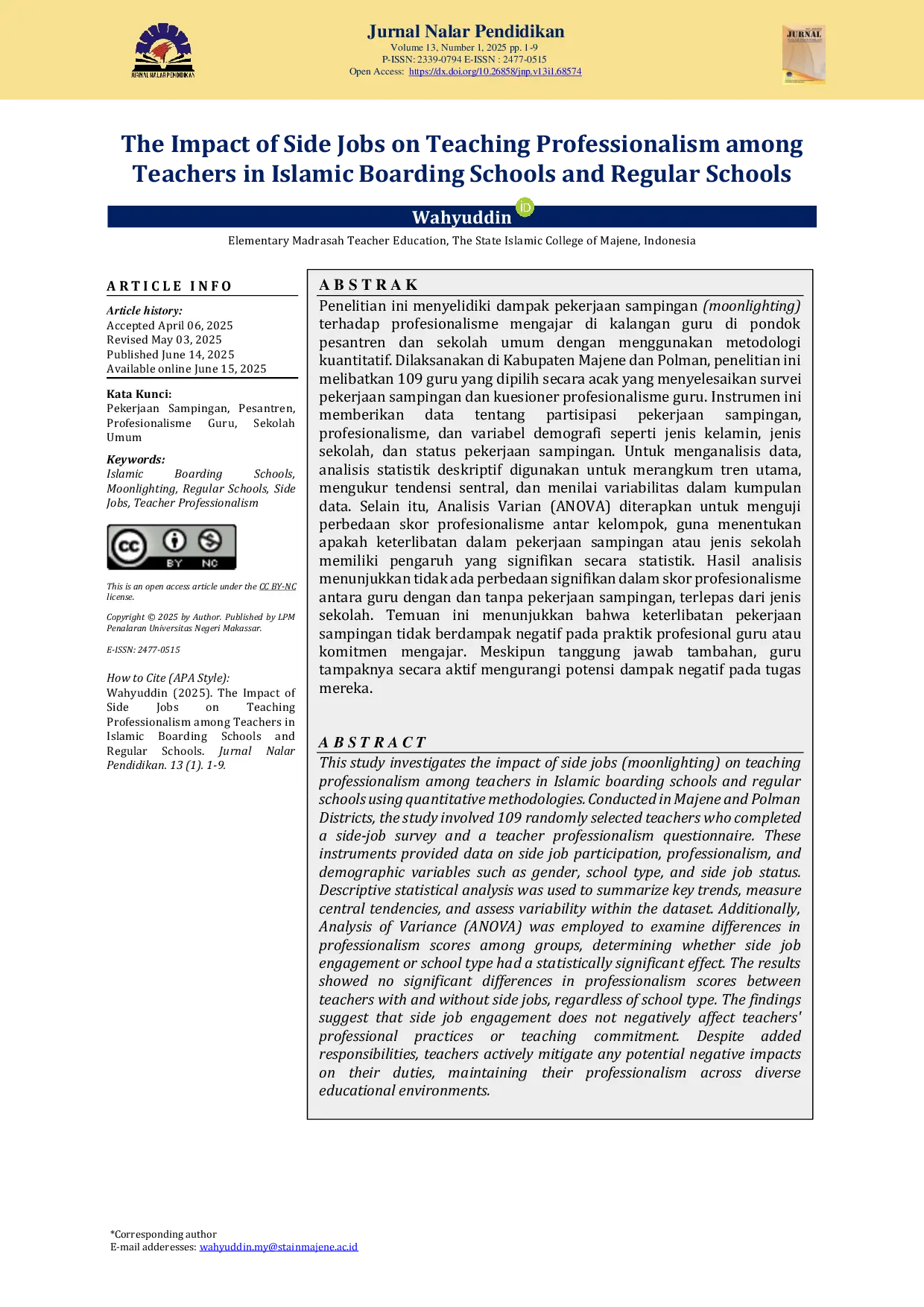 JURIS The Impact of Side Jobs on Teaching Professionalism among Teachers in Islamic Boarding Schools and Regular Schools