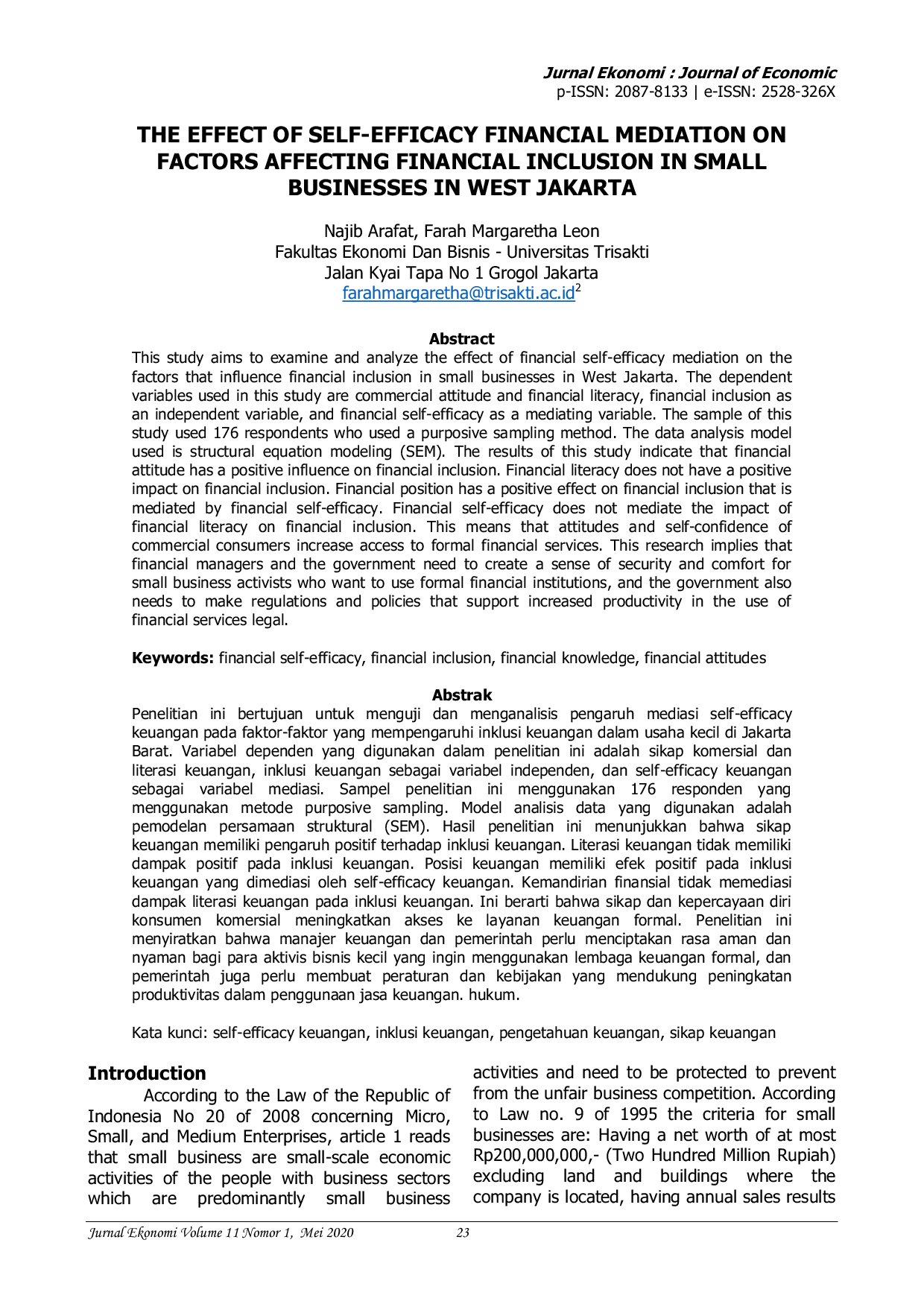 JURIS The Effect of Self Efficacy Financial Mediation on Factors Affecting Financial Inclusion in Small Businesses in West Jakarta
