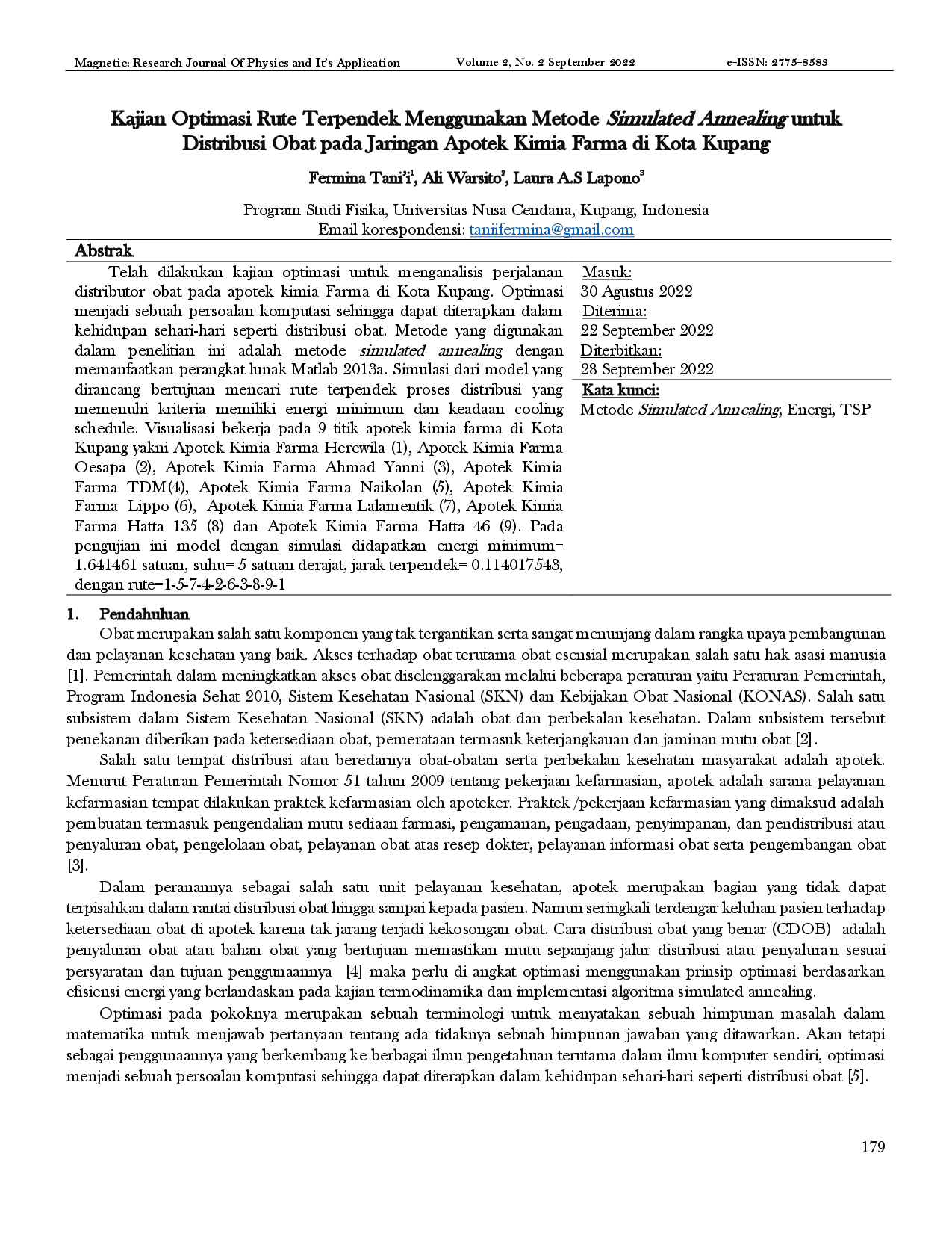 juris Kajian Optimasi Rute Terpendek Menggunakan Metode Simulated Annealing untuk Distribusi Obat pada Jaringan Apotek Kimia Farma di Kota Kupang