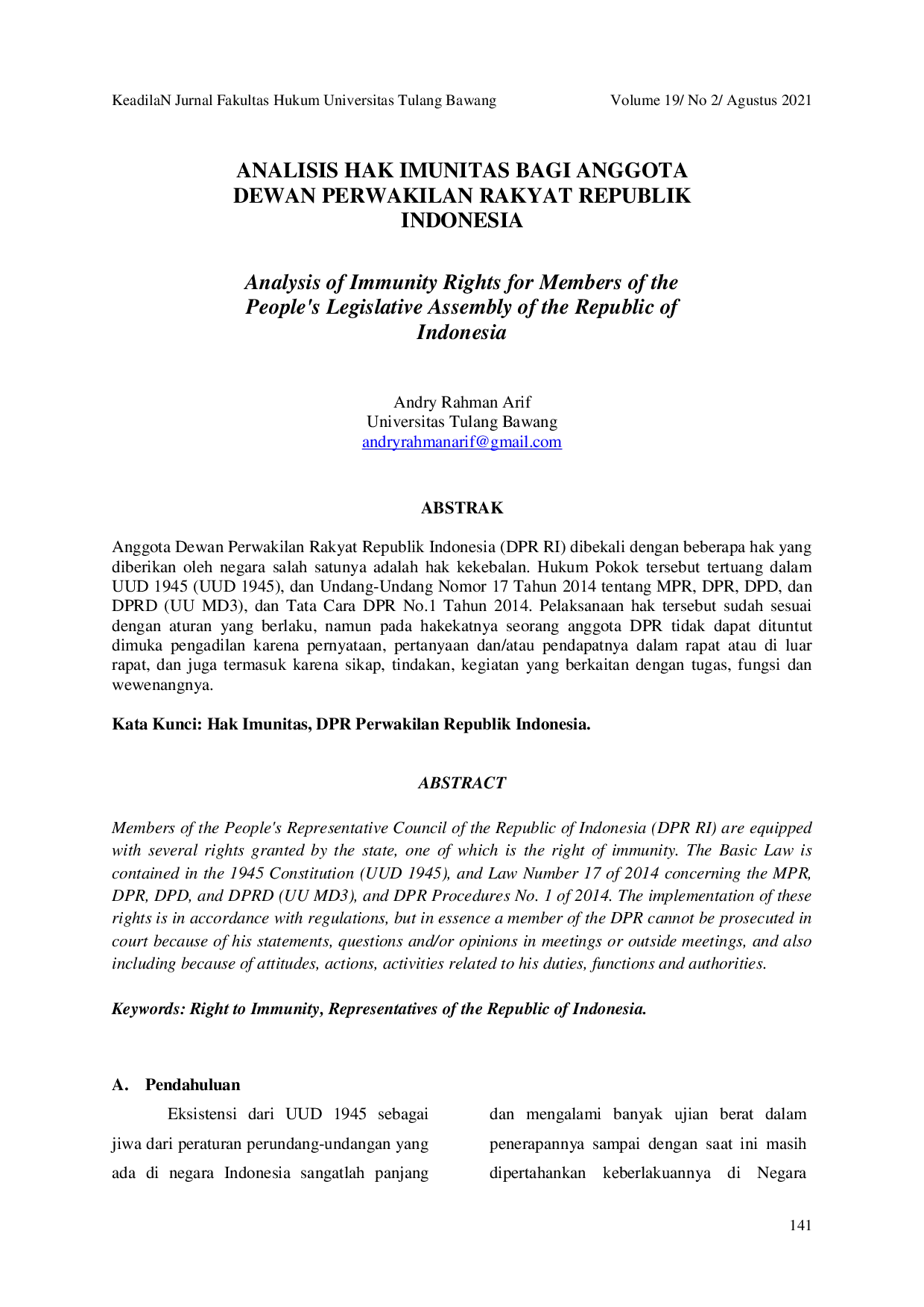 JURIS Analisis Hak Imunitas Bagi Anggota Dewan Perwakilan Rakyat Republik Indonesia