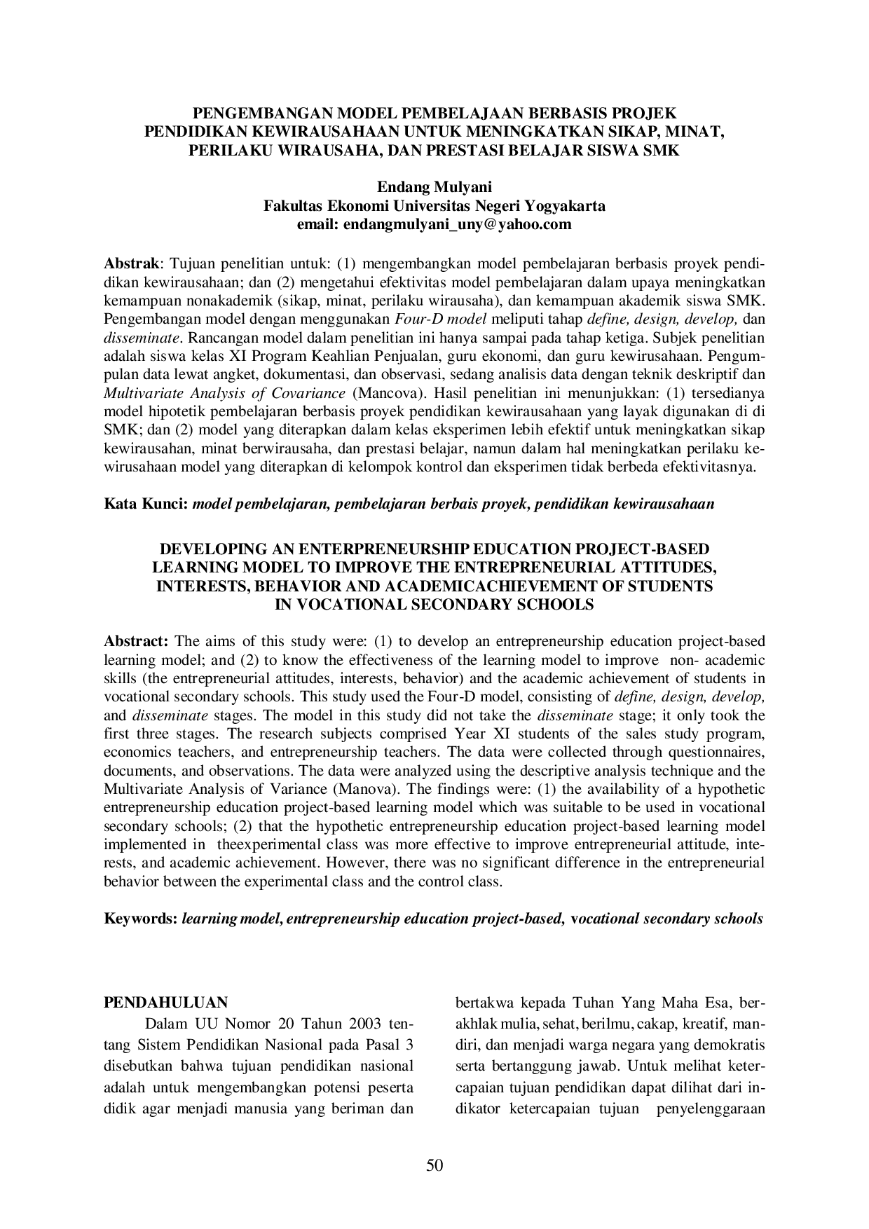 juris Pengembangan Model Pembelajaran Berbasis Projek Pendidikan Kewirausahaan Untuk Meningkatkan Sikap Minat Perilaku Wirausaha Dan Prestasi Belajar Siswa Smk