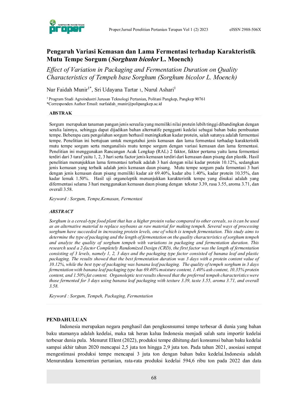 JURIS Effect of Variation in Packaging and Fermentation Duration on Quality Characteristics of Tempeh base Sorghum Sorghum bicolor L Moench Pengaruh Variasi Kemasan dan Lama Fermentasi terhadap Karakter