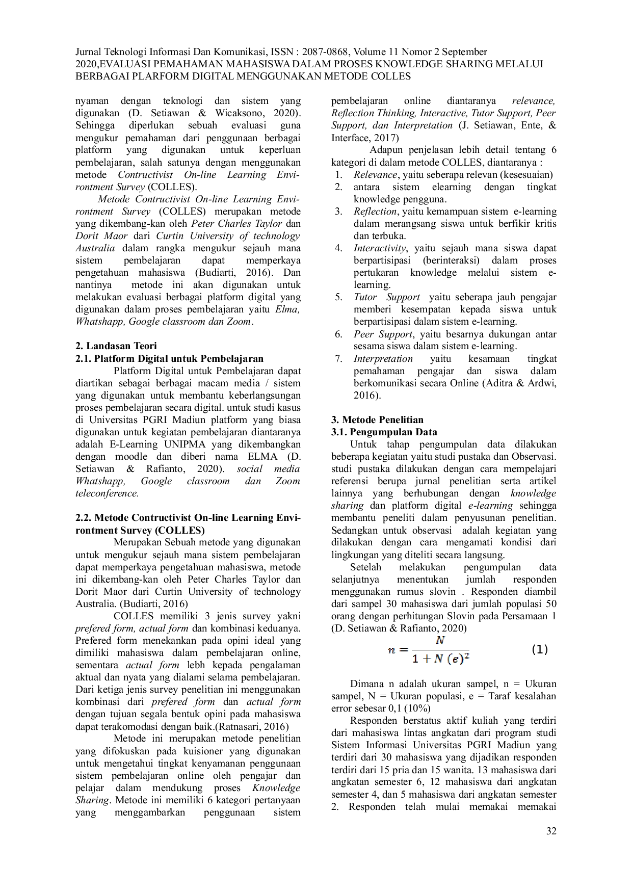 JURIS Evaluasi Pemahaman Mahasiswa dalam Proses Knowledge Sharing Melalui Berbagai Platform Digital Menggunakan Metode Colles