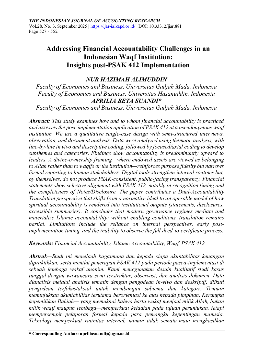 JURIS Addressing Financial Accountability Challenges in an Indonesian Waqf Institution Insights post PSAK 412 Implementation