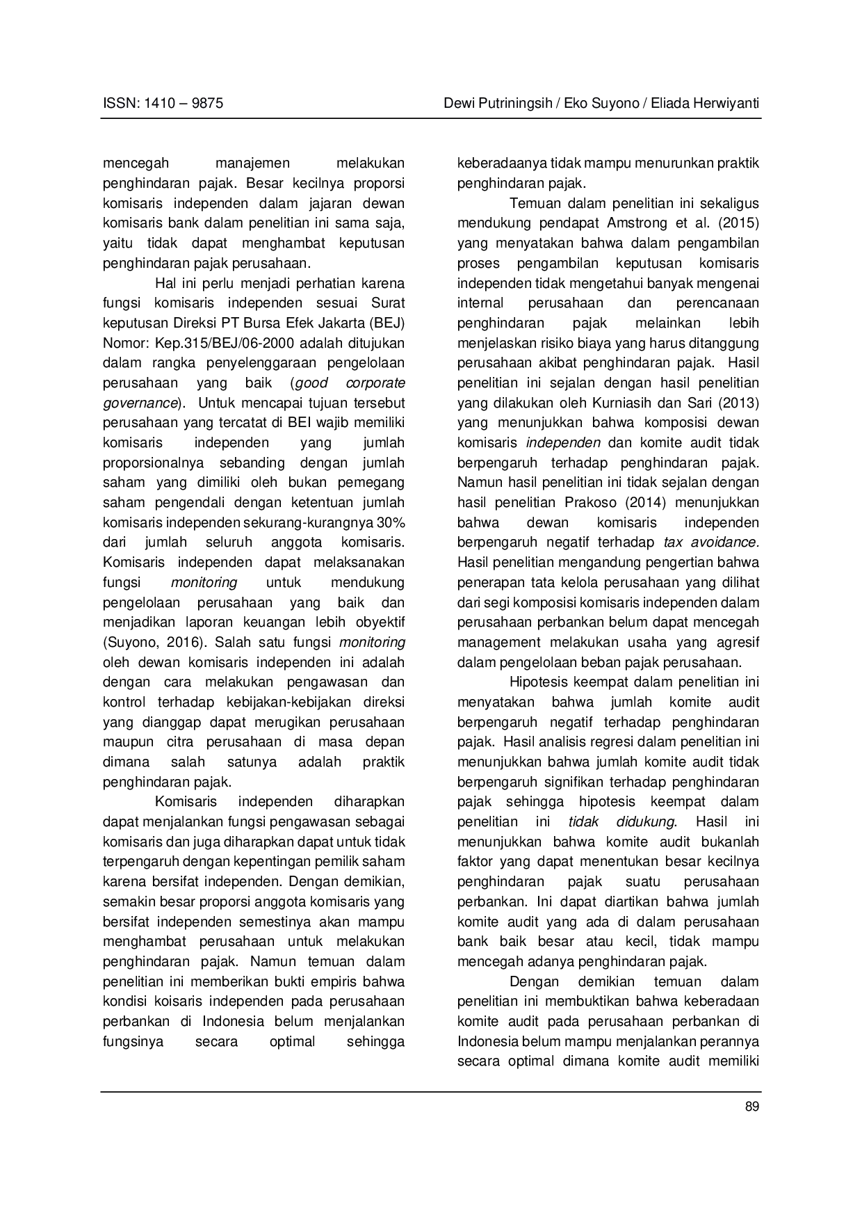 JURIS Profitabilitas Leverage Komposisi Dewan Komisaris Komite Audit Dan Kompensasi Rugi Fiskal Terhadap Penghindaran Pajak Pada Perusahaan Perbankan