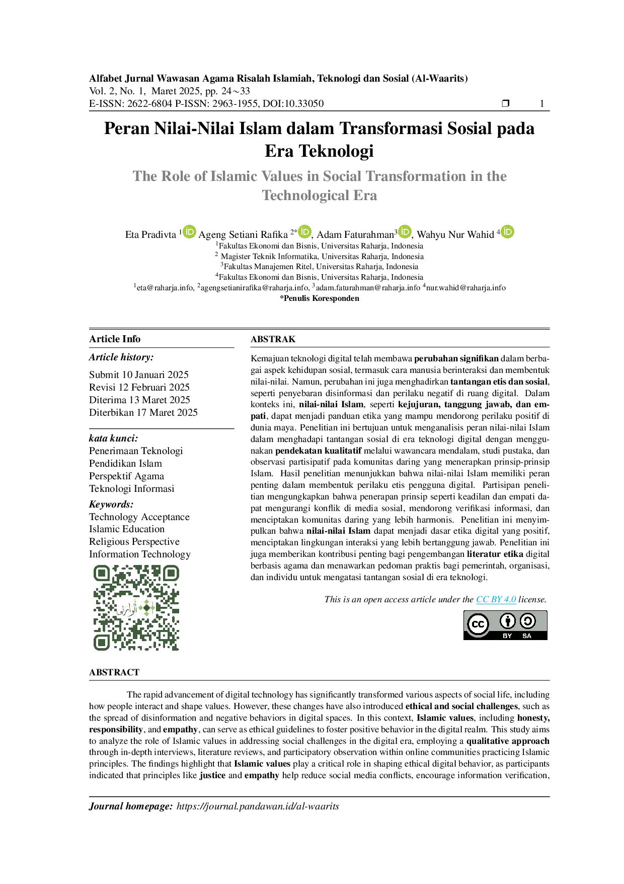 JURIS Peran Nilai Nilai Islam dalam Transformasi Sosial pada Era Teknologi The Role of Islamic Values AUAUin Social Transformation in the Technological Era