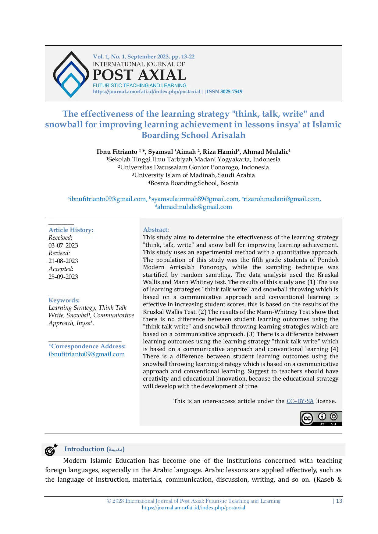 JURIS The Effectiveness of the Learning Strategy Think Talk Write and Snowball for Improving Learning Achievement in Lessons Insya at Islamic Boarding School Arisalah