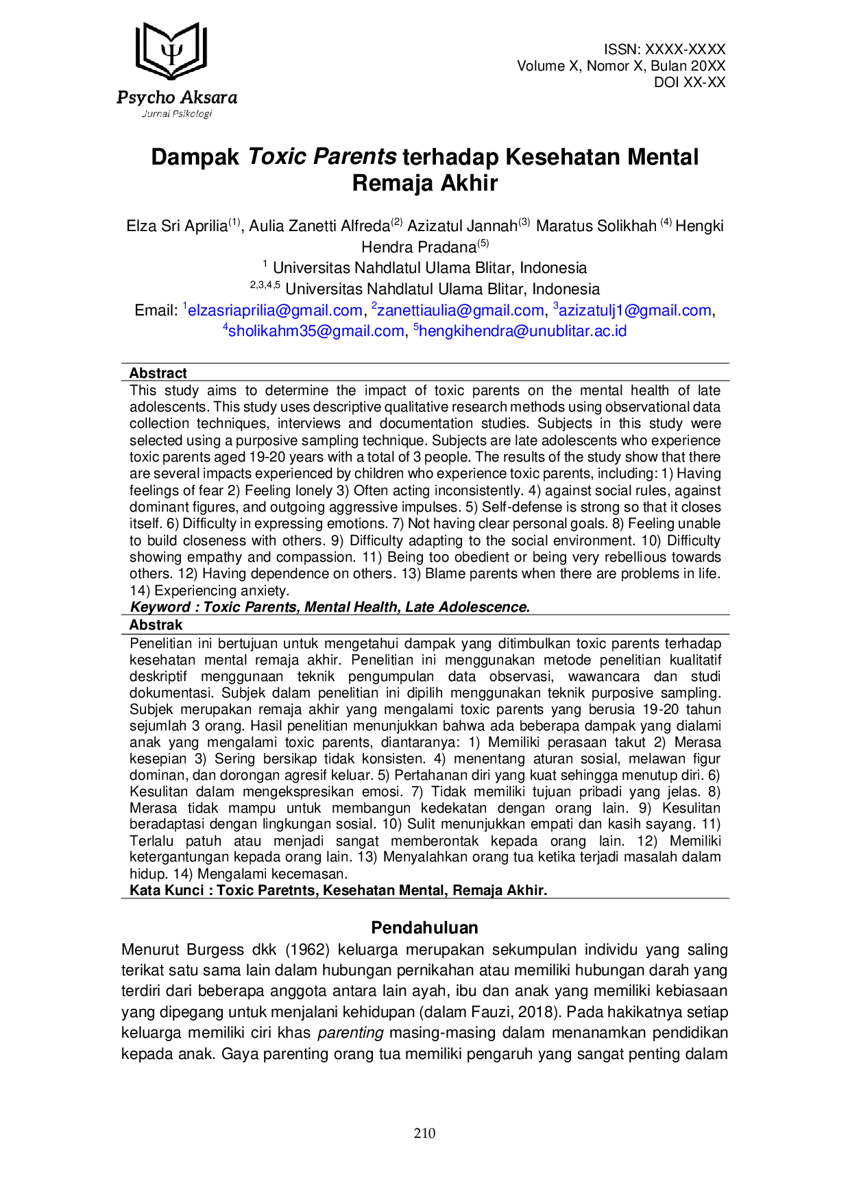 JURIS Dampak Toxic Parents terhadap Kesehatan Mental Remaja Akhir