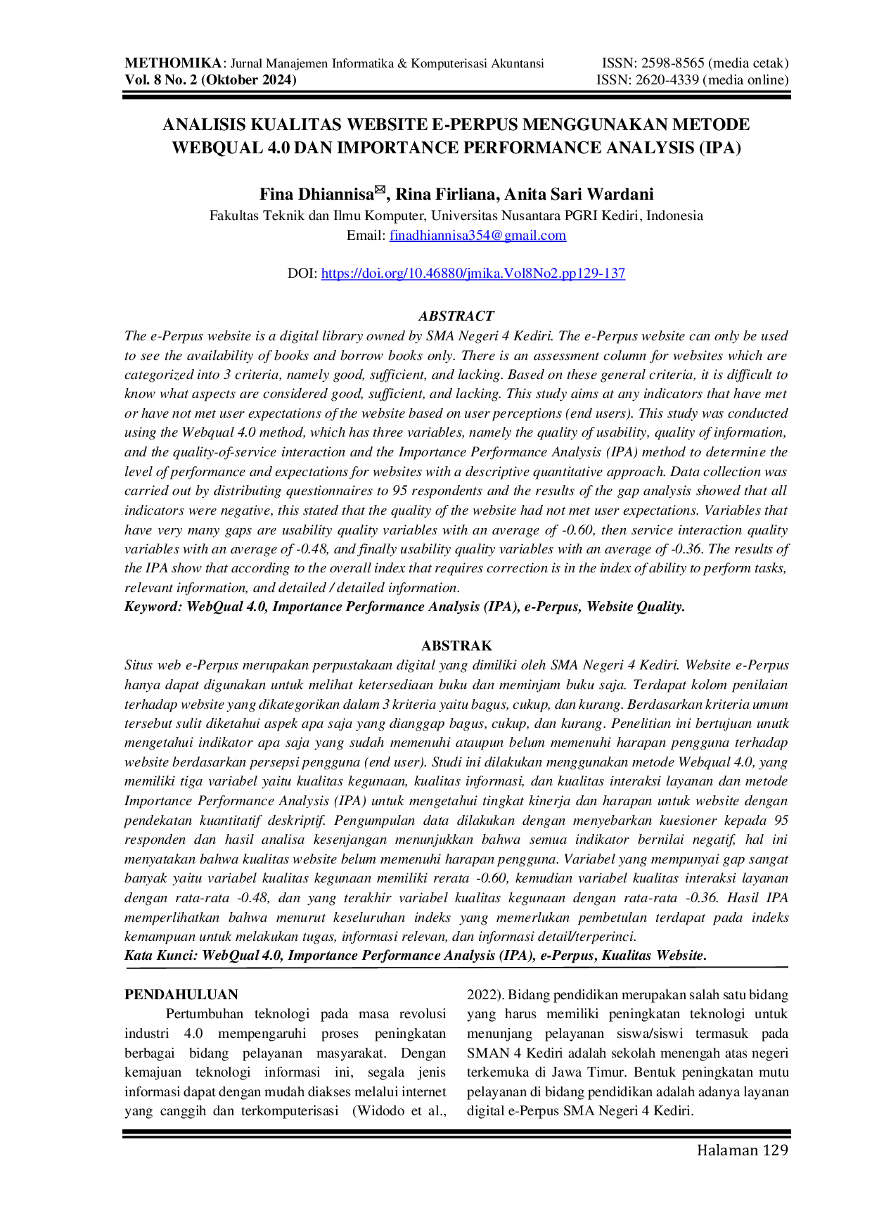 JURIS Analisis Kualitas Website E Perpus Menggunakan Metode Webqual 4 0 Dan Importance Performance Analysis IPA