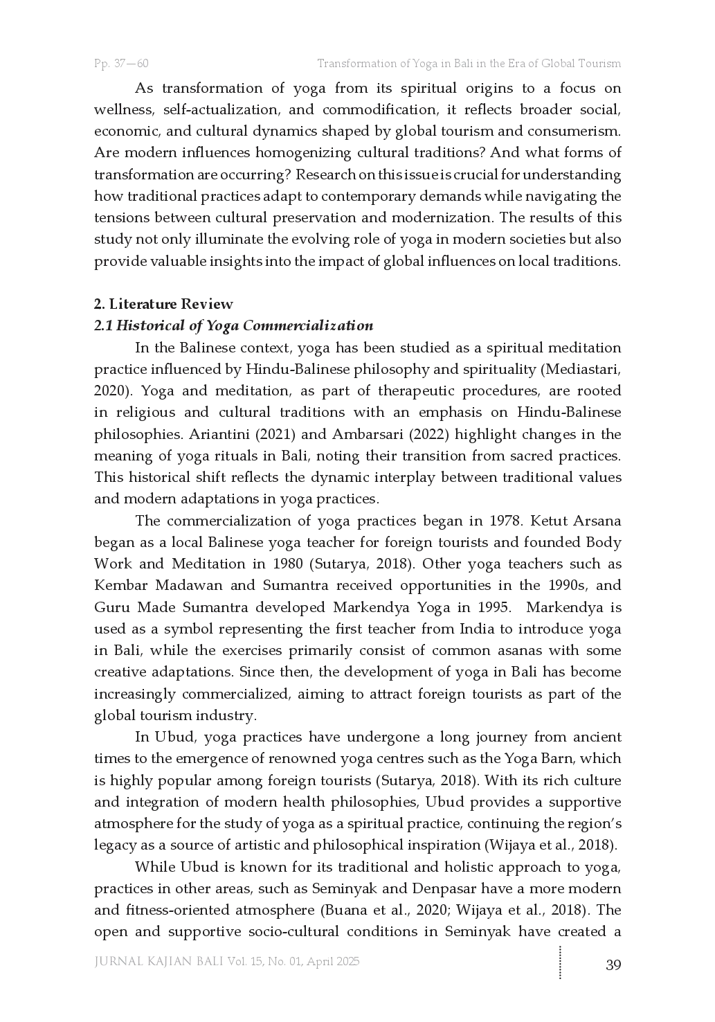 juris Transformation of Yoga in Bali in the Era of Global Tourism