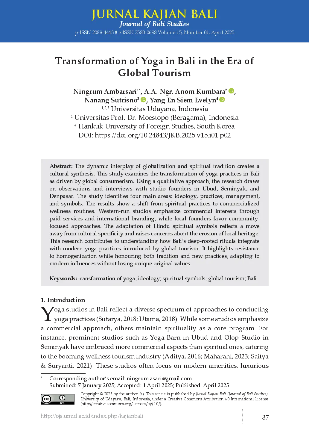 juris Transformation of Yoga in Bali in the Era of Global Tourism