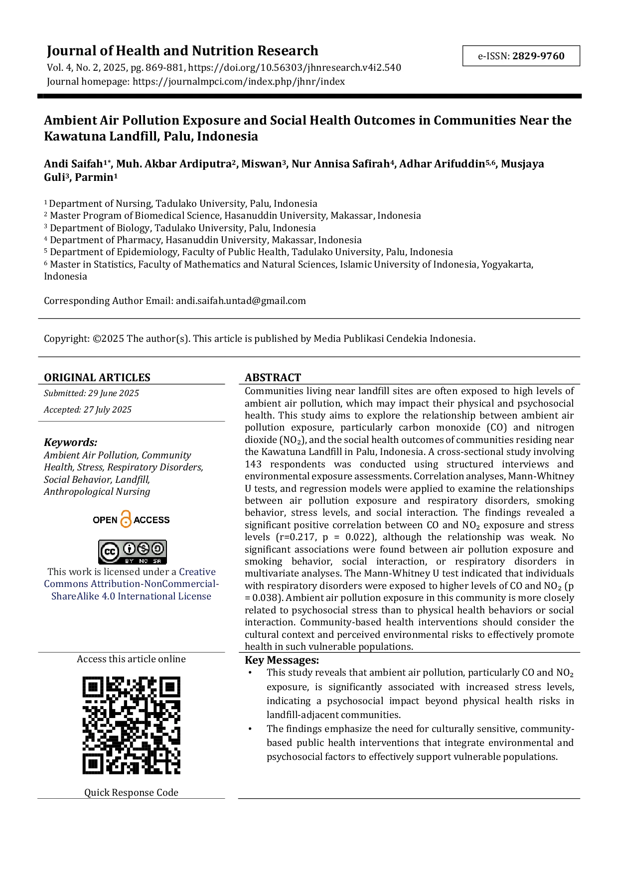 JURIS Ambient Air Pollution Exposure and Social Health Outcomes in Communities Near the Kawatuna Landfill Palu Indonesia