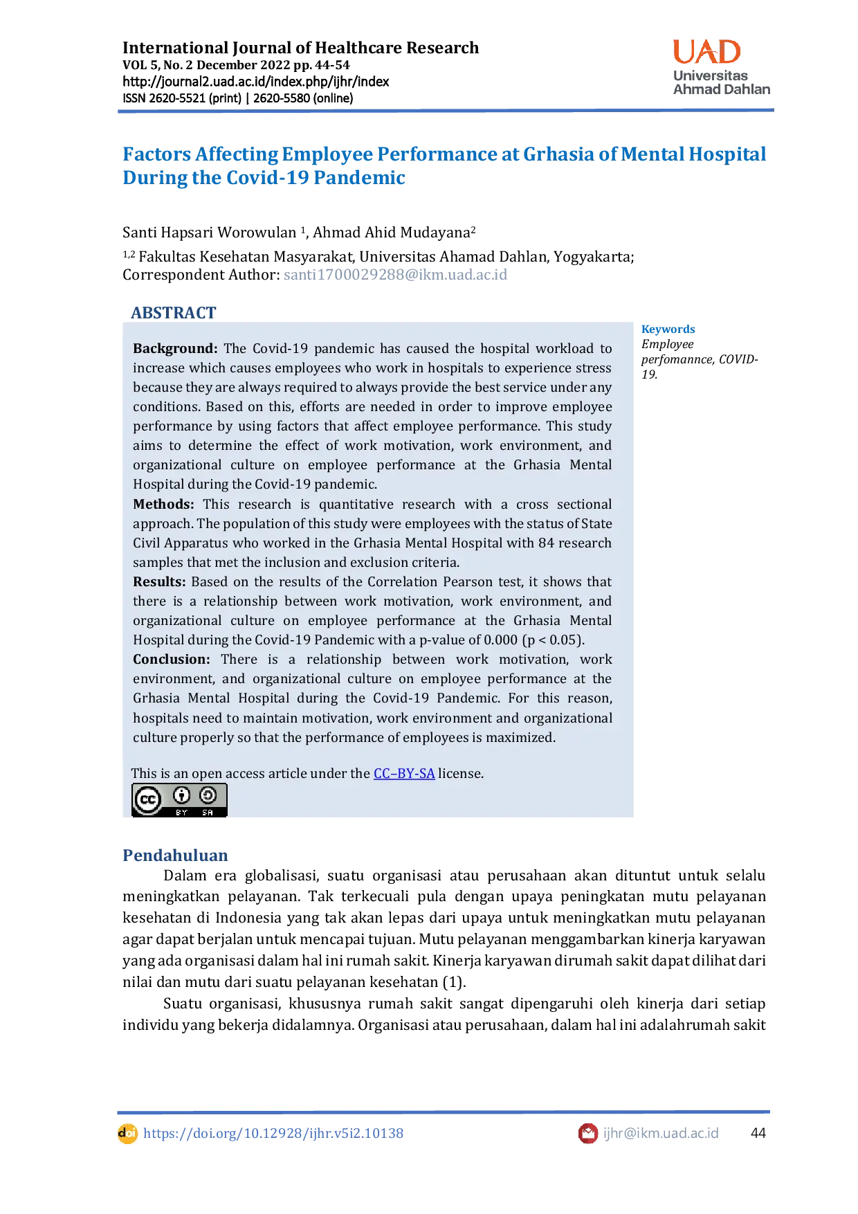 JURIS Faktor Faktor Yang Mempengaruhi Kinerja Karyawan Di Rumah Sakit Jiwa Grhasia Selama Pandemi COVID 19