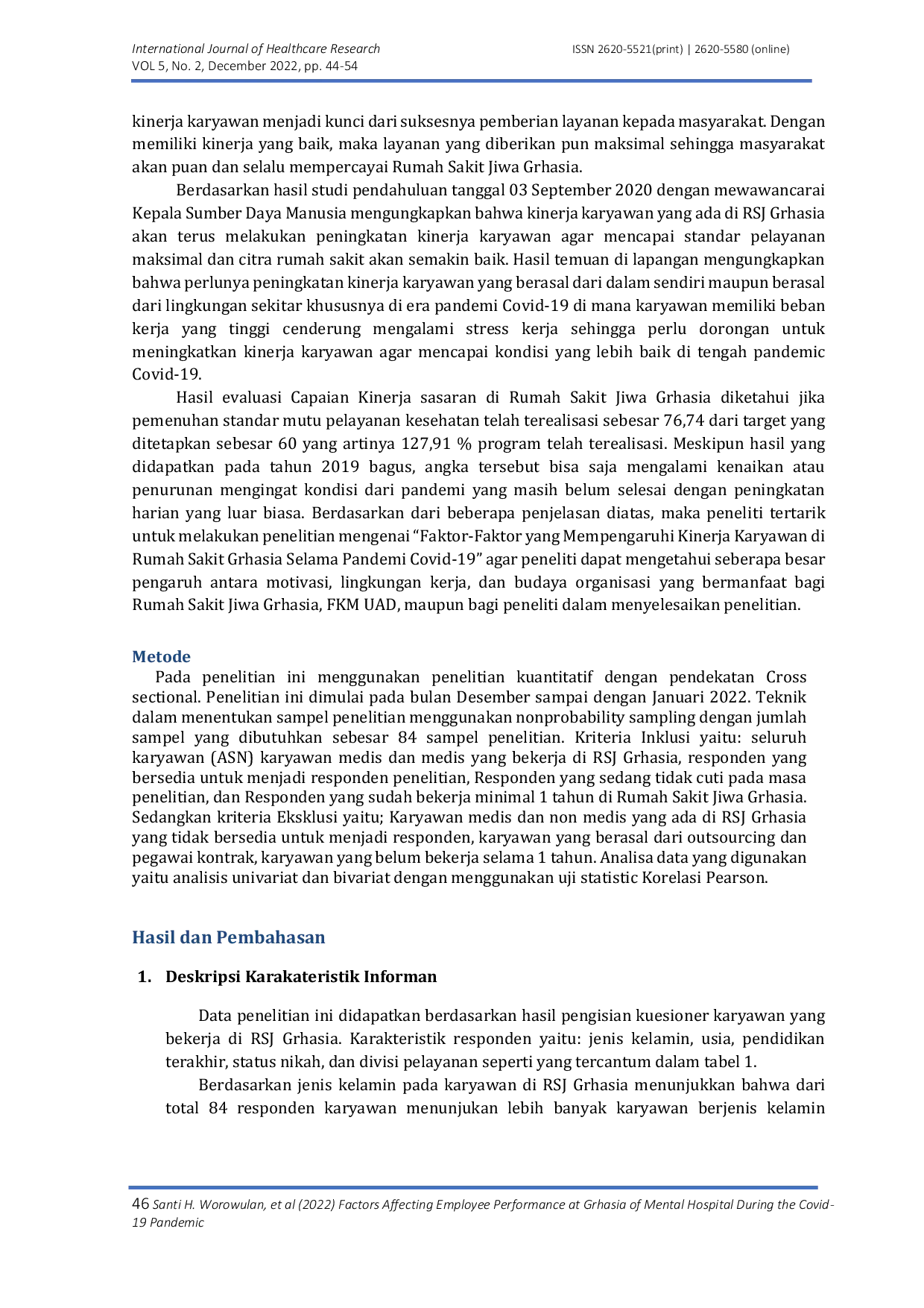 JURIS Faktor Faktor Yang Mempengaruhi Kinerja Karyawan Di Rumah Sakit Jiwa Grhasia Selama Pandemi COVID 19