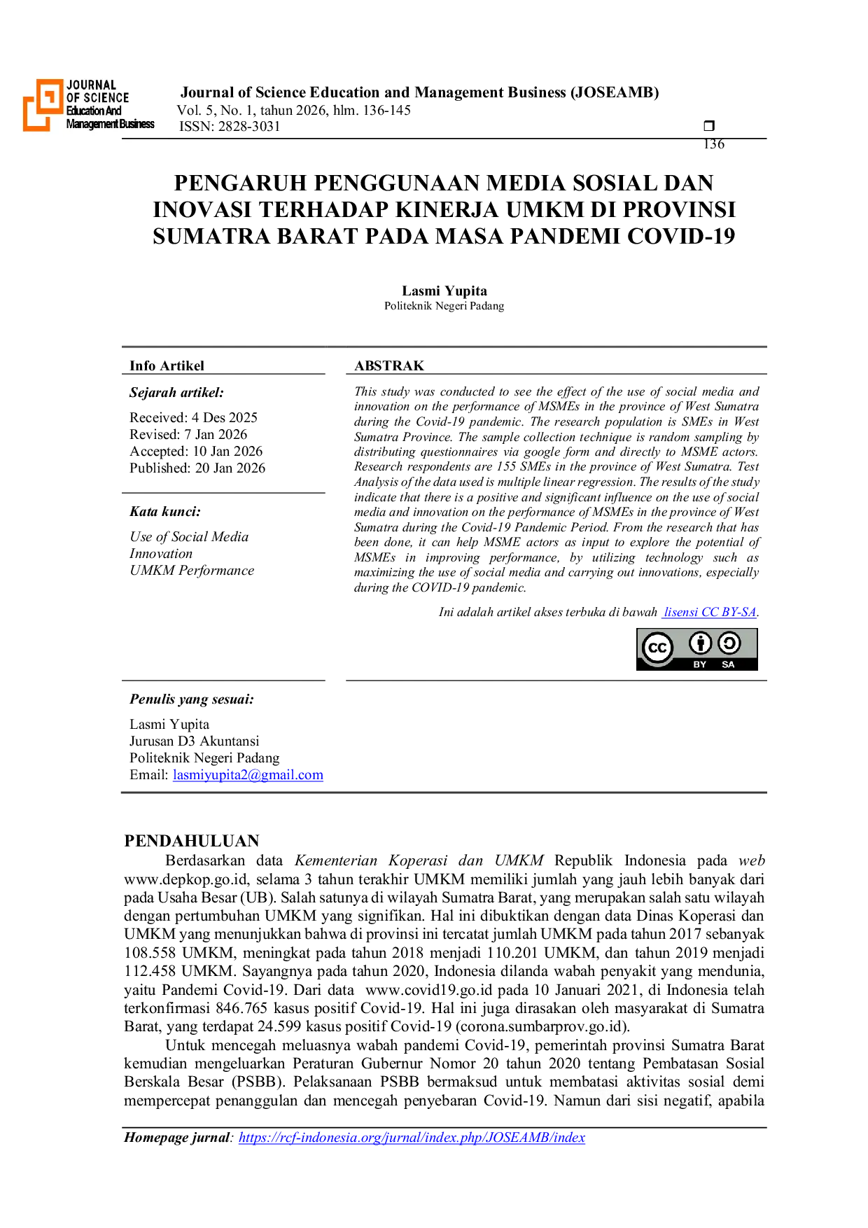 JURIS Pengaruh Penggunaan Media Sosial Dan Inovasi Terhadap Kinerja Umkm Di Provinsi Sumatra Barat Pada Masa Pandemi COVID 19