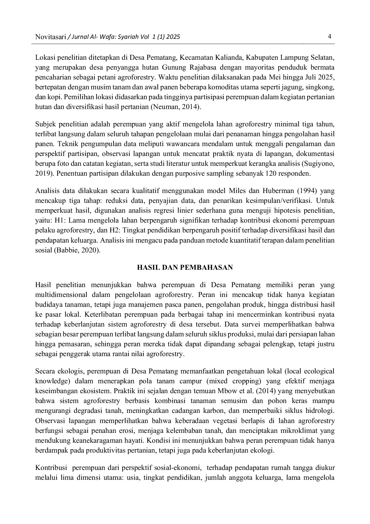 JURIS Peran Perempuan dalam Pengelolaan Agroforestry untuk Keberlanjutan Ekologi dan Ekonomi di Desa Pematang Lampung Selatan