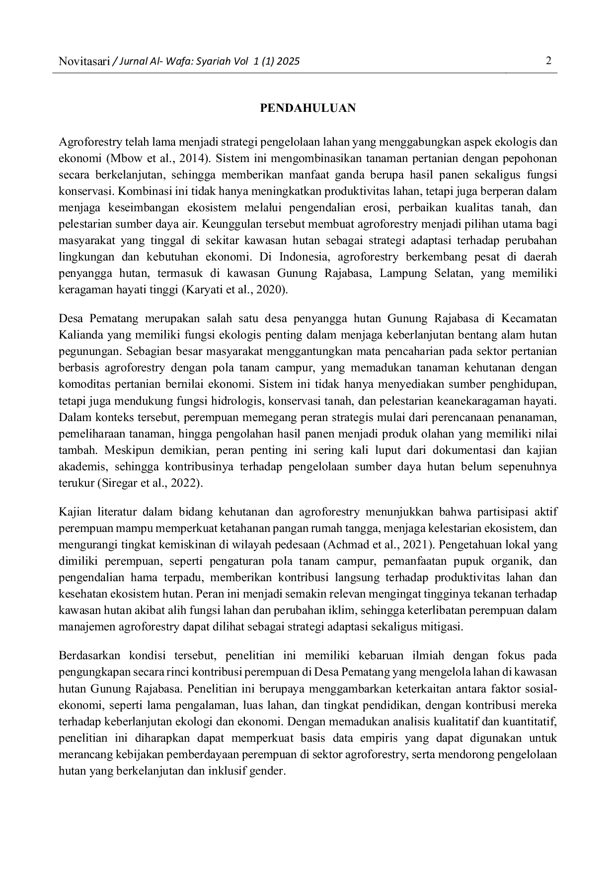 JURIS Peran Perempuan dalam Pengelolaan Agroforestry untuk Keberlanjutan Ekologi dan Ekonomi di Desa Pematang Lampung Selatan