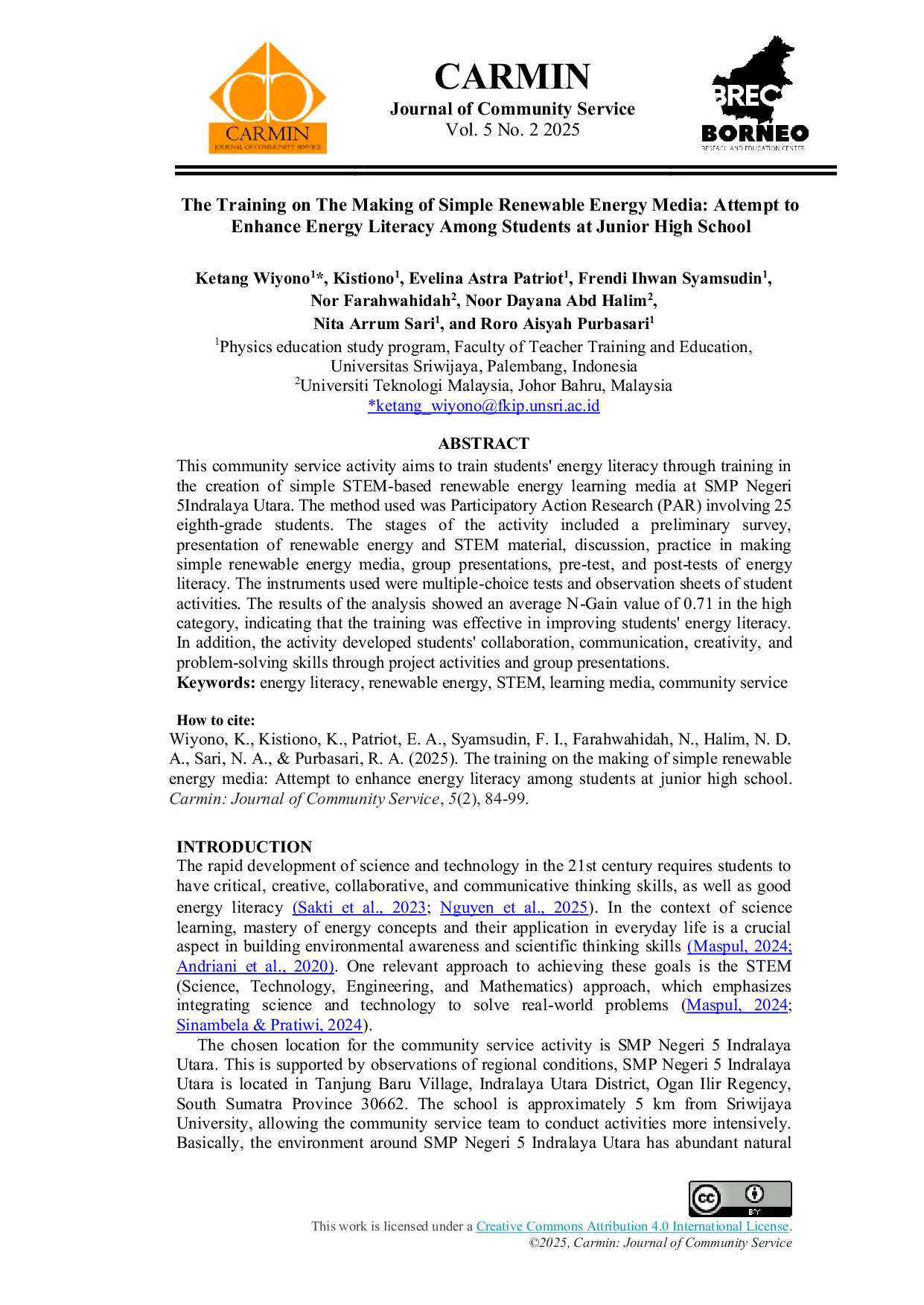 JURIS The Training on The Making of Simple Renewable Energy Media Attempt to Enhance Energy Literacy Among Students at Junior High School