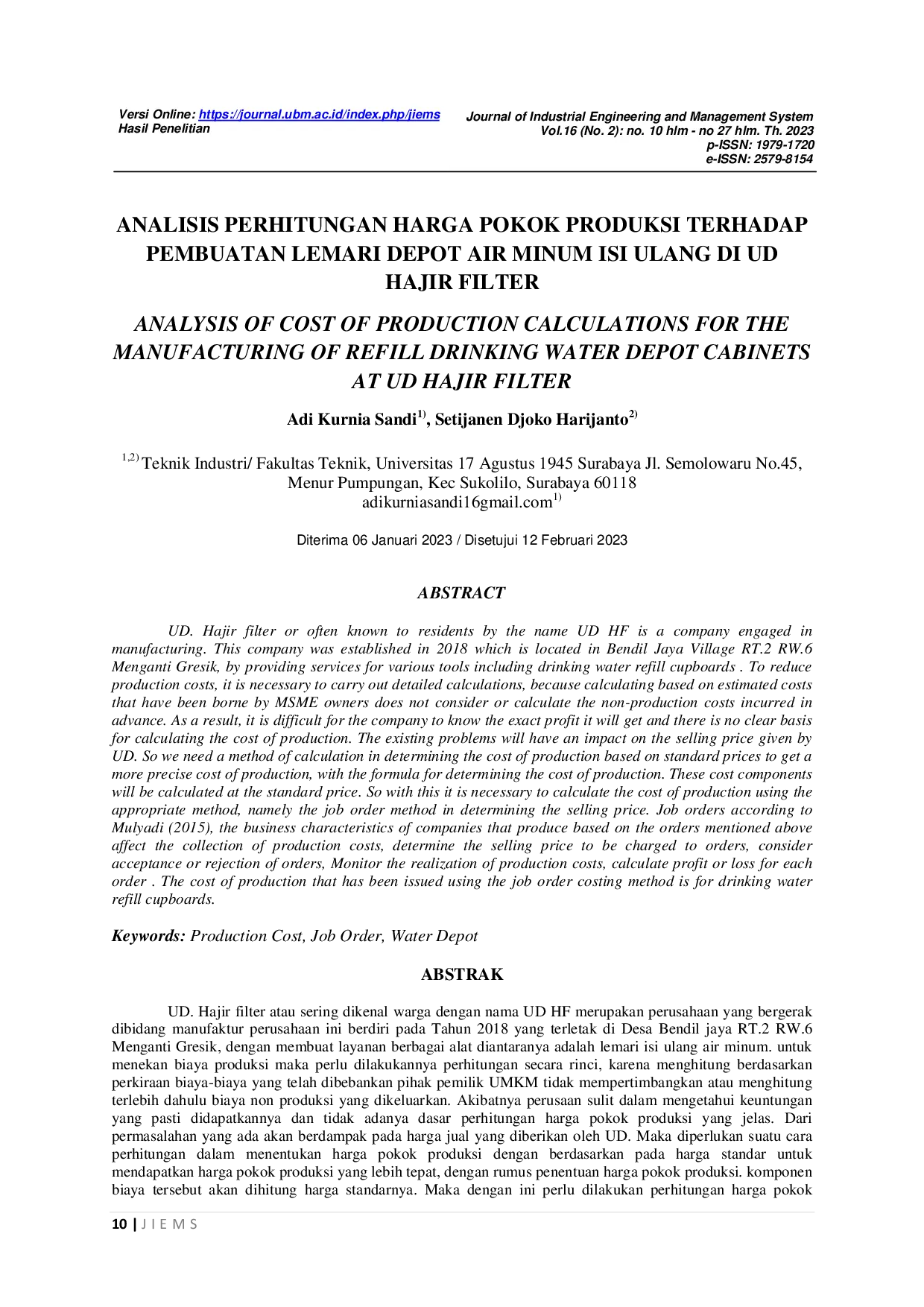 JURIS Analisis Perhitungan Harga Pokok Produksi Terhadap Pembuatan Lemari Depot Air Minum Isi Ulang Di Ud Hajir Filter